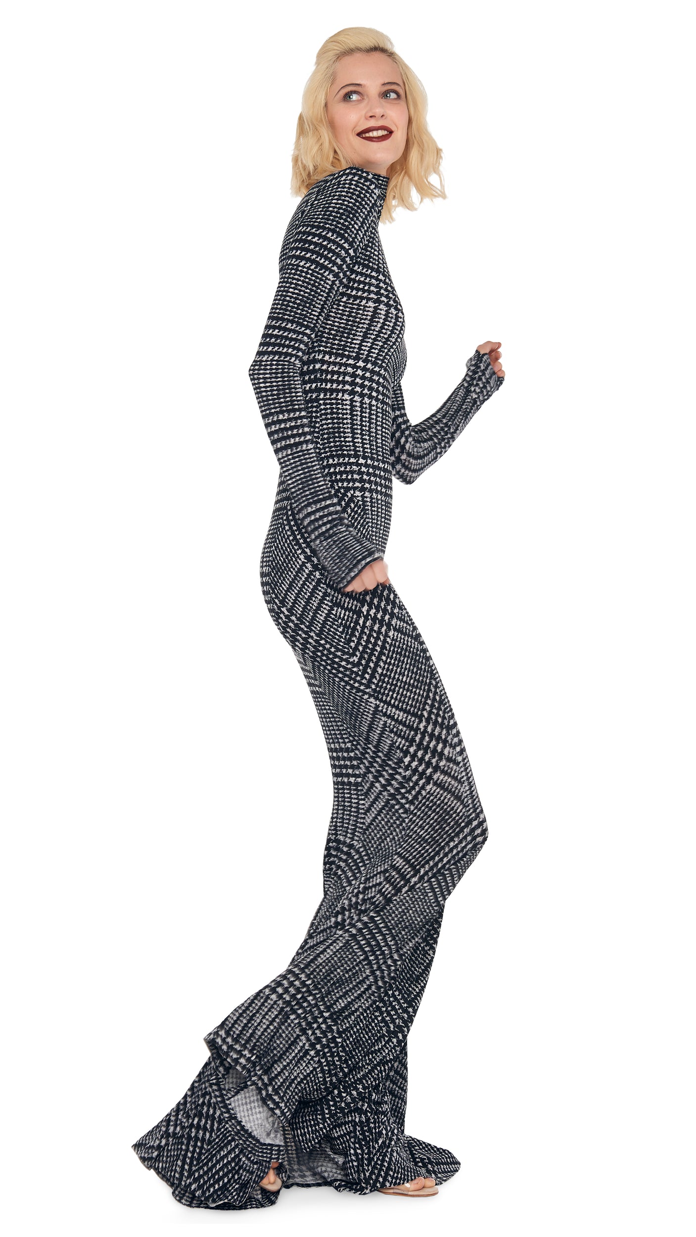 TURTLE FISHTAIL GOWN – Large Glen Plaid Tweed – Norma Kamali