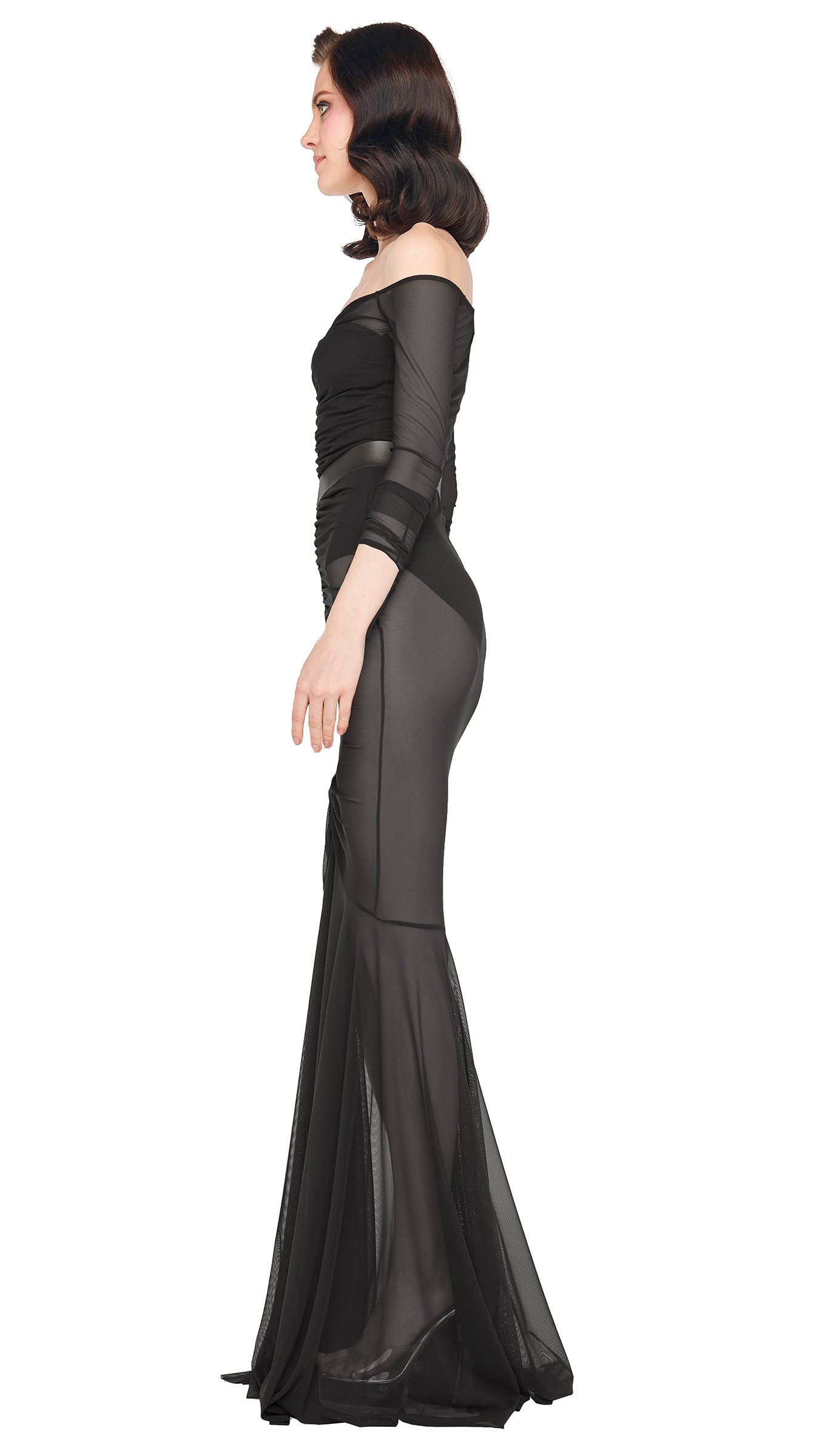 Norma Kamali Off Shoulder Shirred Fishtail Gown Norma Kamali Off Shoulder Shirred Fishtail Gown