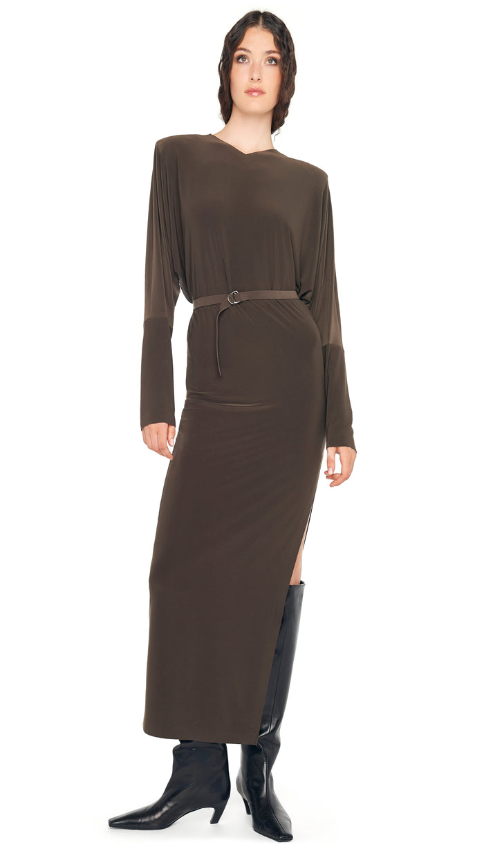 DOLMAN SIDE SLIT GOWN W/ SHOULDER PADS #1