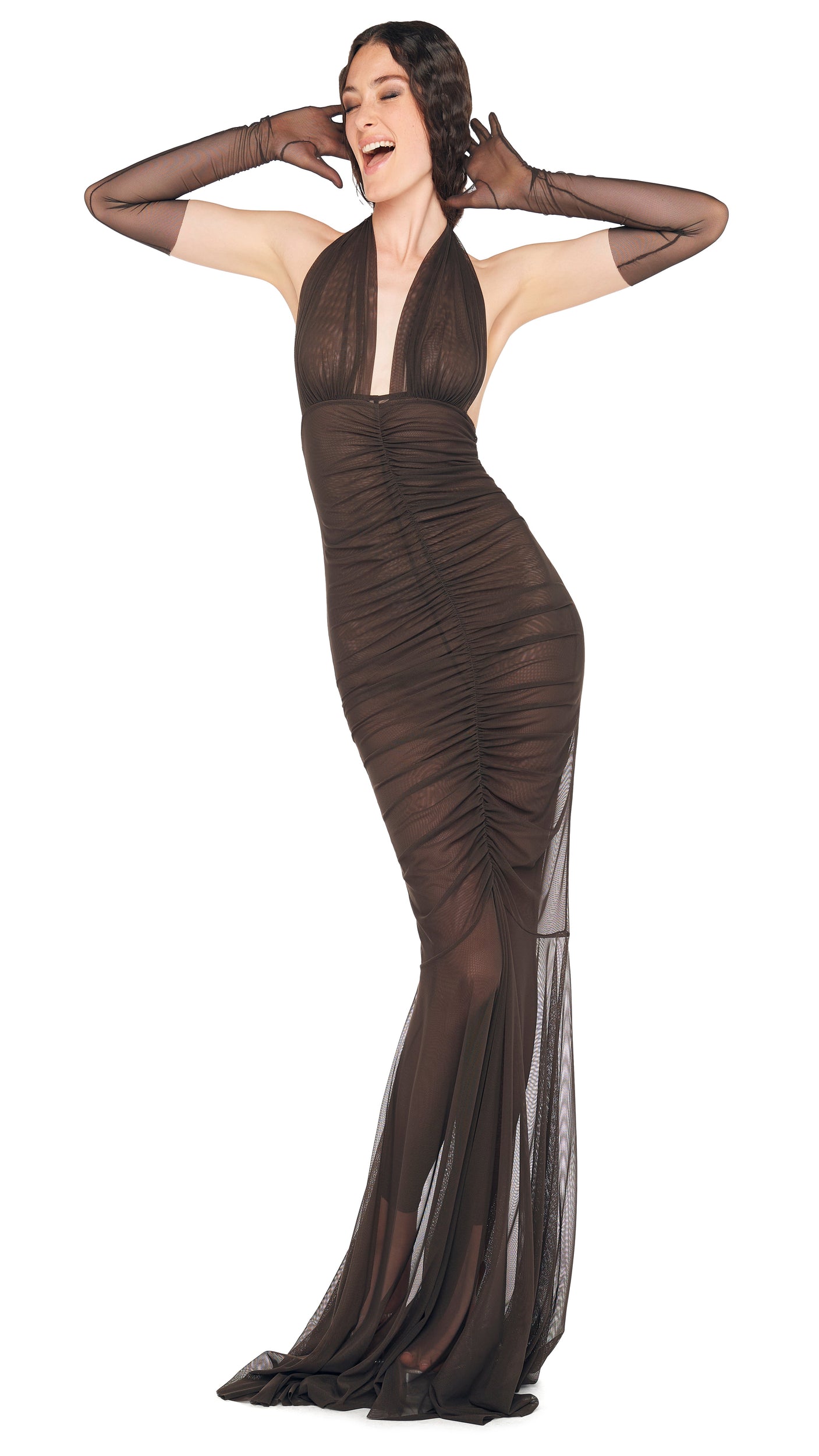 HALTER SHIRRED FRONT FISHTAIL GOWN Espresso Norma Kamali HALTER SHIRRED FRONT FISHTAIL GOWN Espresso Norma Kamali