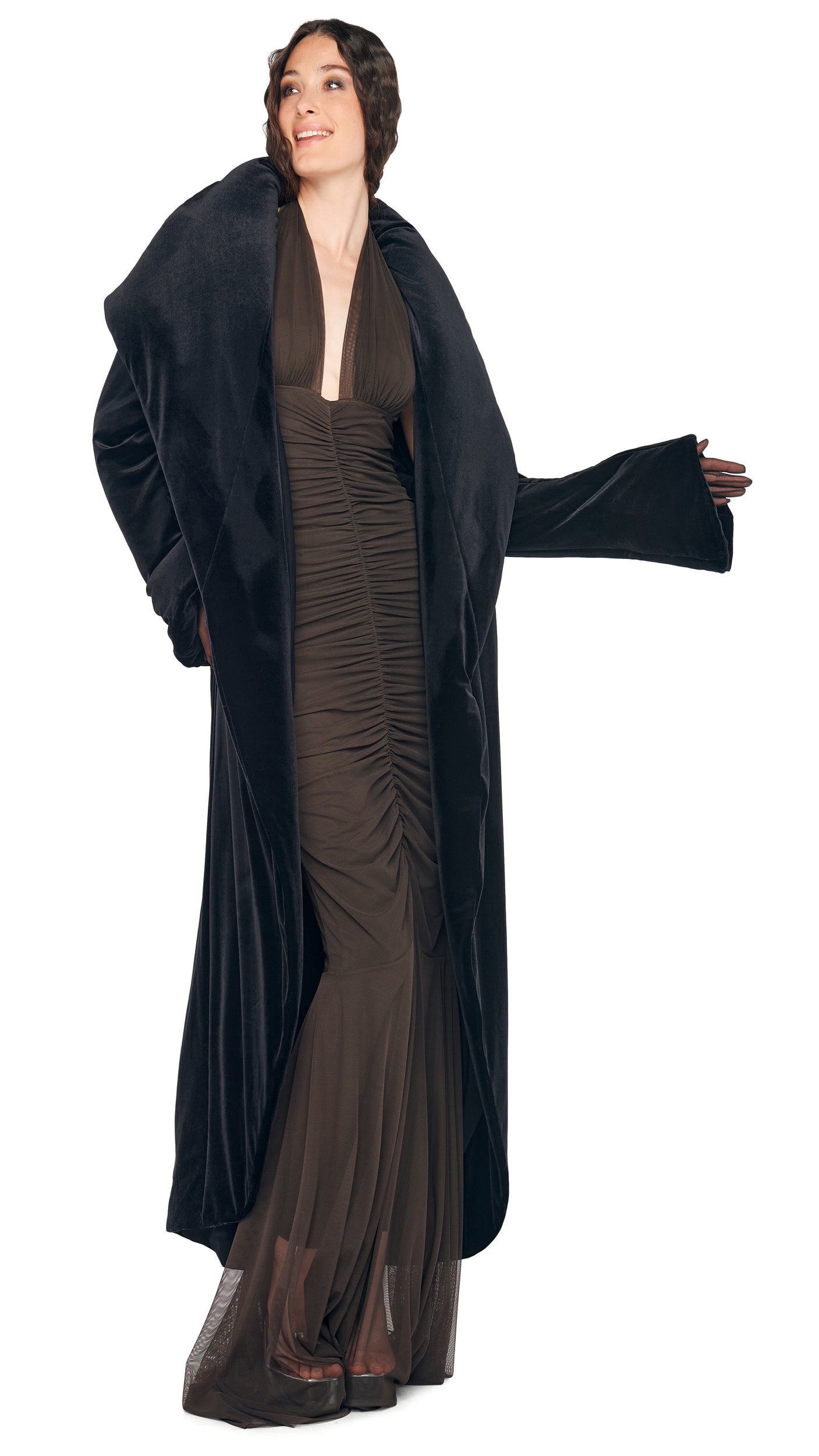 HALTER SHIRRED FRONT FISHTAIL GOWN Espresso Norma Kamali HALTER SHIRRED FRONT FISHTAIL GOWN Espresso Norma Kamali