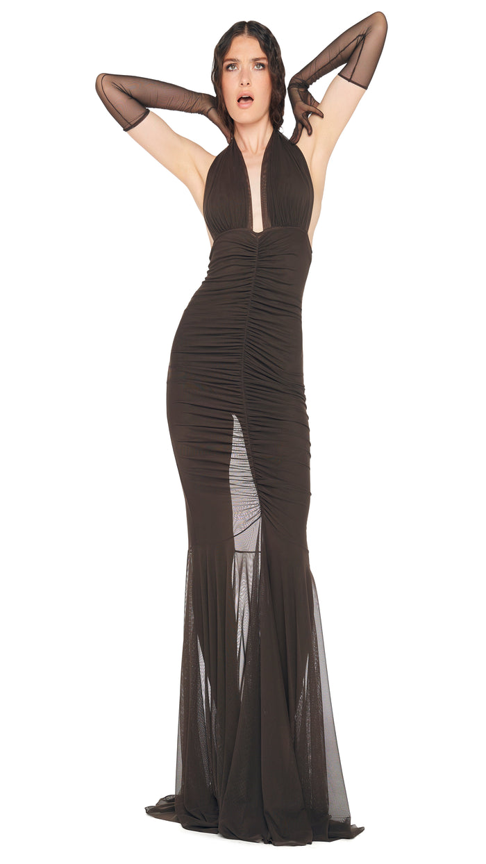 norma kamali halter dress Drape Bias Gown by Norma Kamali confident silhouette Norma Kamali Halter Shirred Front