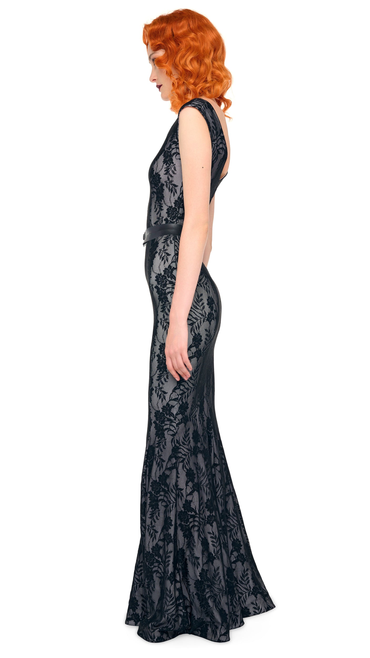 Norma Kamali Grace Fishtail Gown - Black Stretch Lace/White / Size XXS