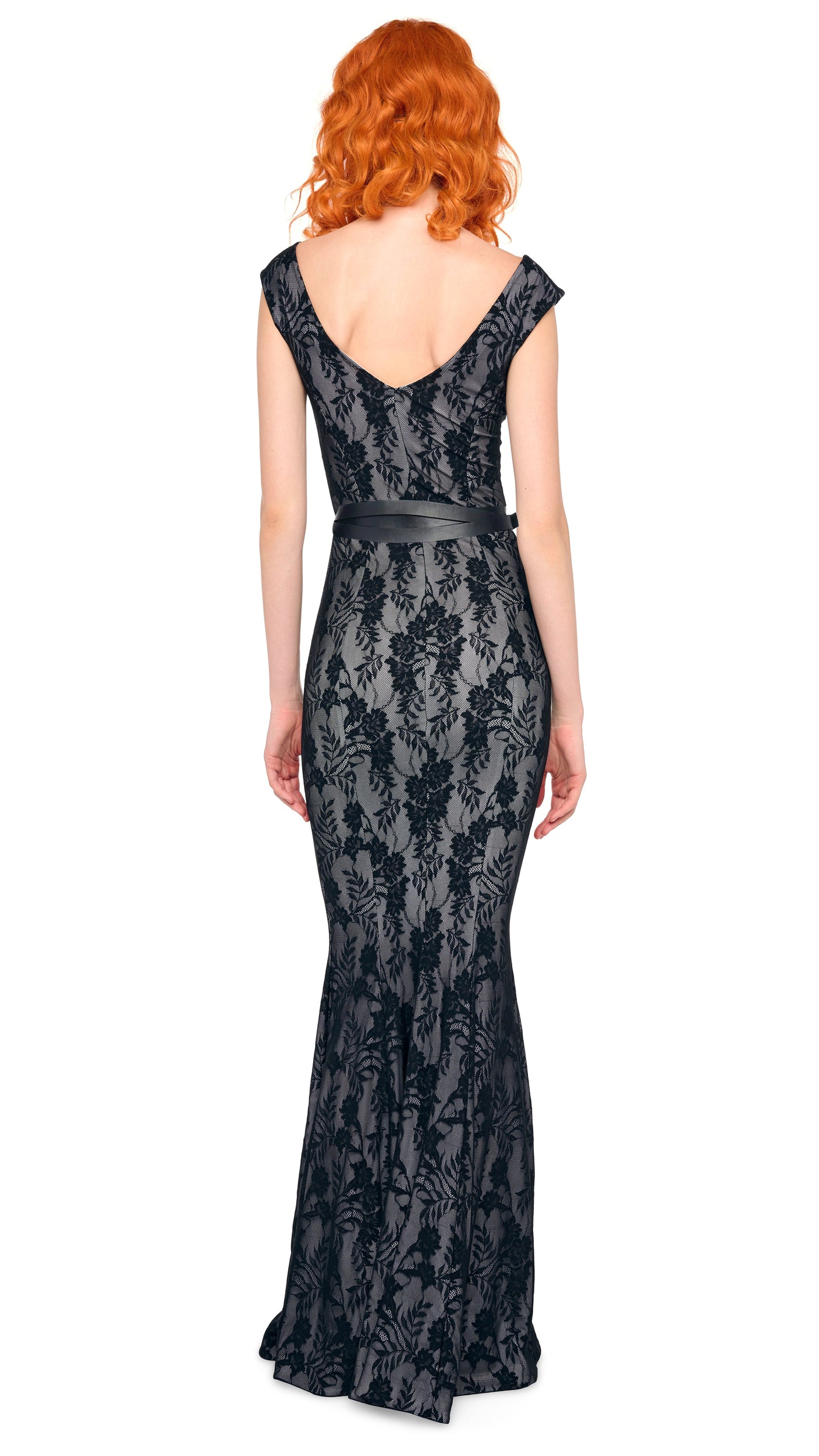 GRACE FISHTAIL GOWN – Black Stretch Lace/White – Norma Kamali