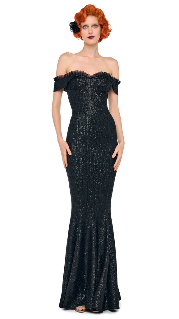 norma kamali off shoulder fishtail dress Women's Grace Gown - Black flowing chiffon cape sleeves STYLE DETAIL 3/4 SLEEVE Size (Check Size Chart Image):S Floral Embroidered Mermaid Gown