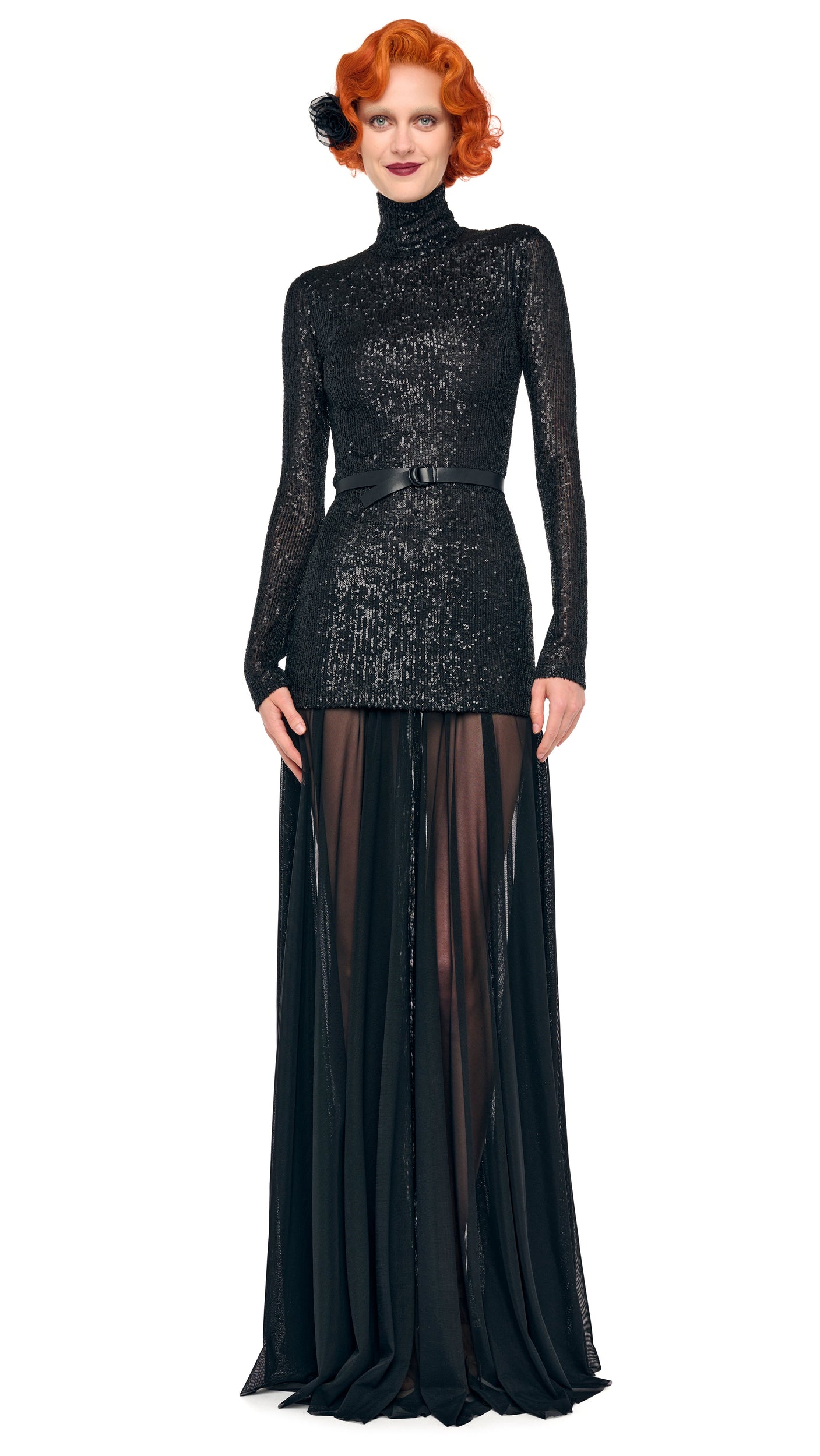Norma Kamali LS Turtleneck Combo Flared Gown