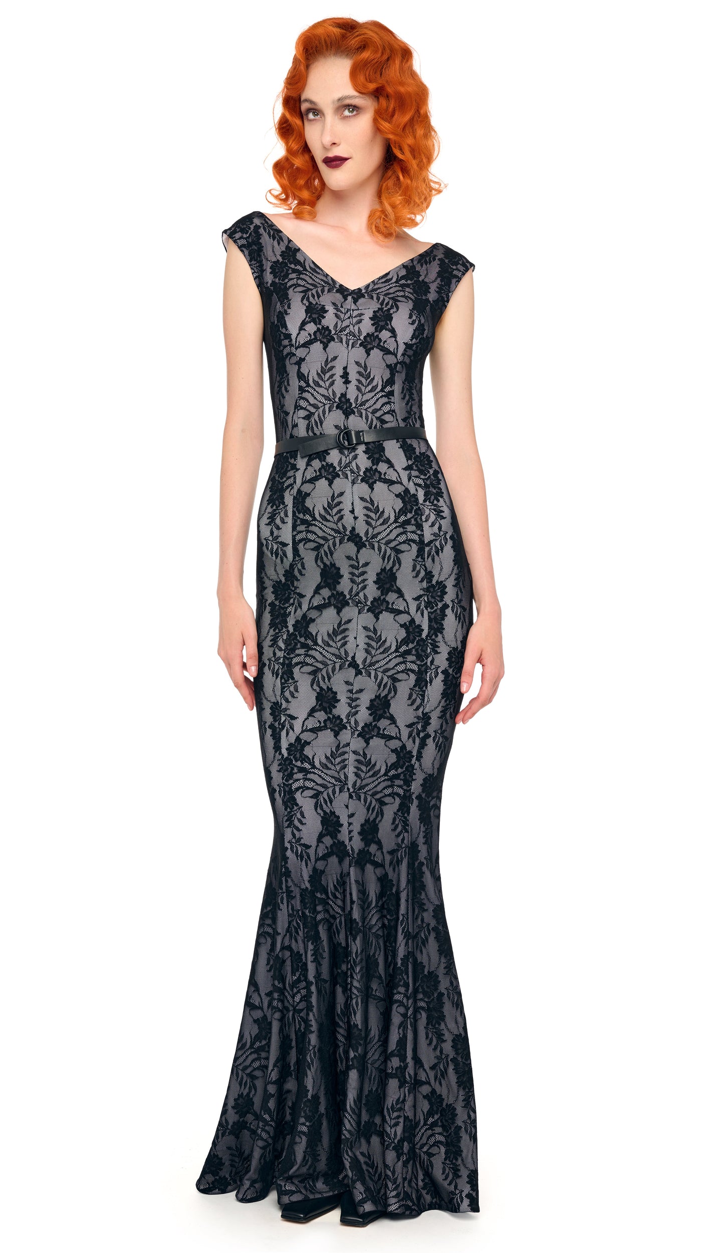 Norma Kamali Grace Fishtail Gown - Black Stretch Lace/White / Size XXS