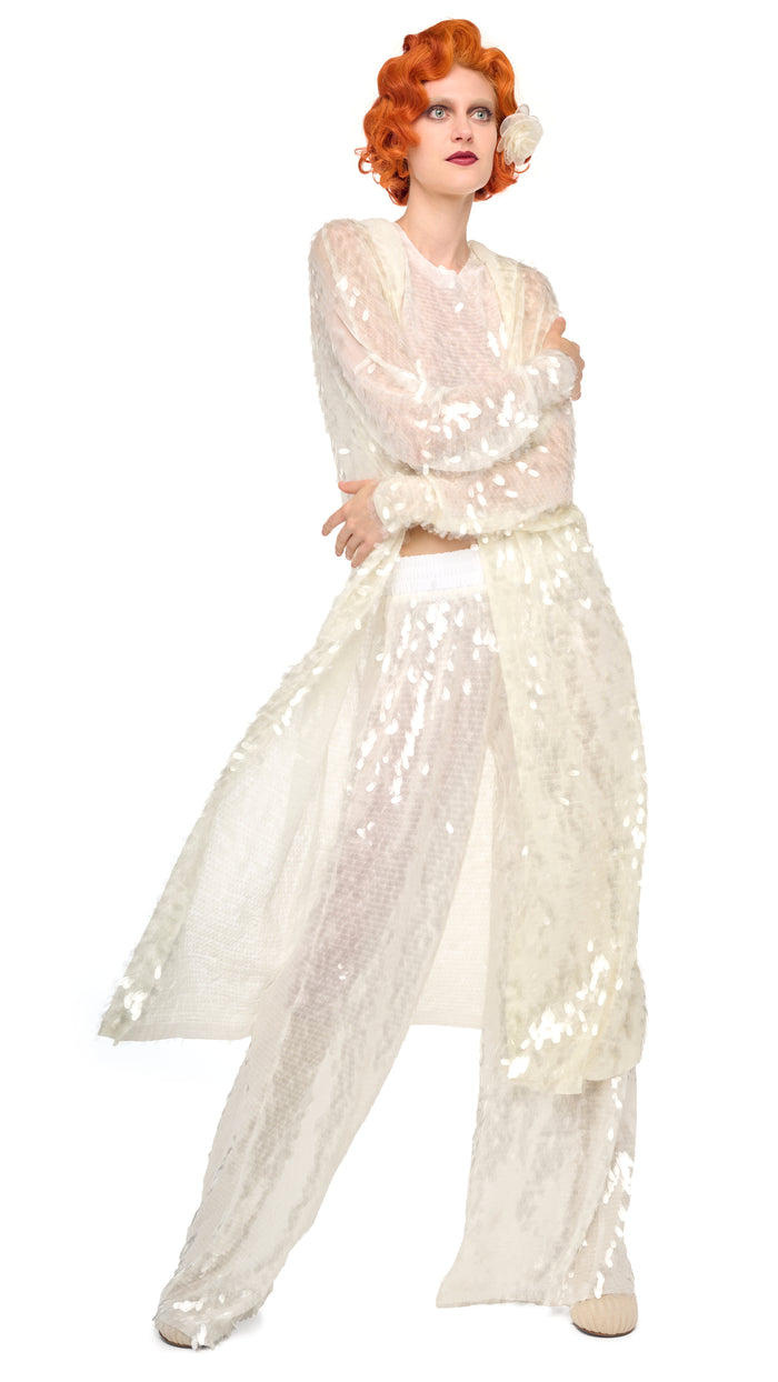 HOODED ROBE TO KNEE – Clear/White – Norma Kamali