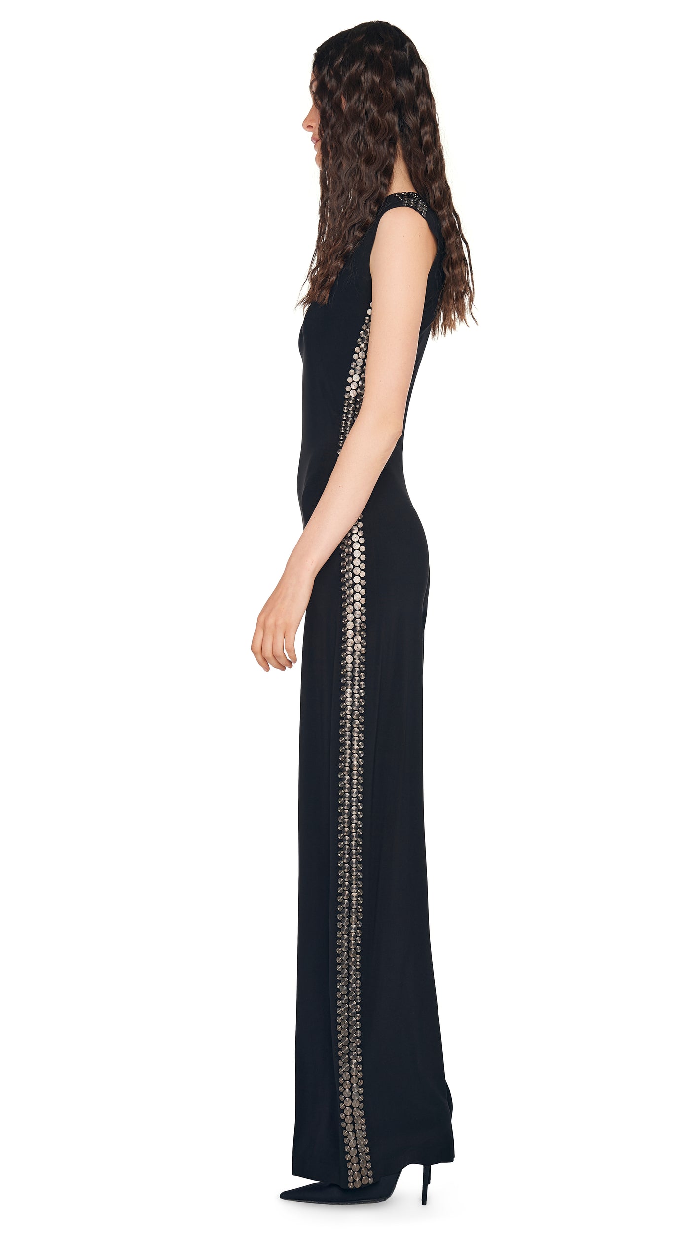 cut out dress in studs norma kamali Norma Kamali on body, my vision head to toe #nyfw25 Diana Metallic One Shoulder Midi Dress @normakamali Shoulder accessory @ruhheite Clutch @alexandermcqueen Dior studs (vintage) Sandals @ysl