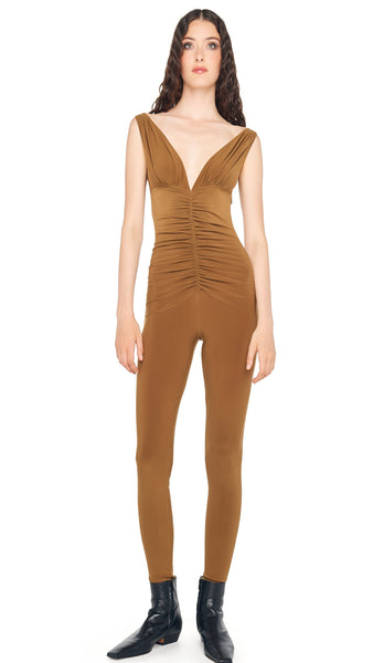 TARA SHIRRED FRONT CATSUIT – Bronze – Norma Kamali