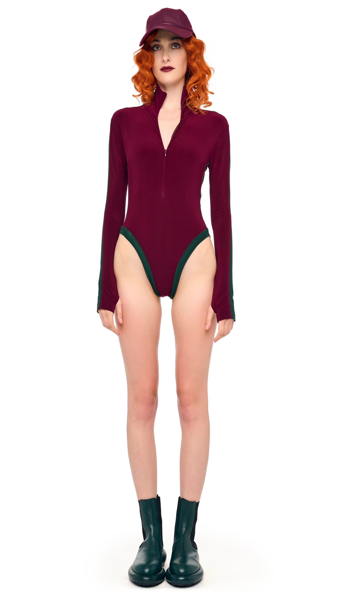 SIDE STRIPE ZIP FRONT L/S TURTLENECK BODYSUIT – Plum/Dark Emerald