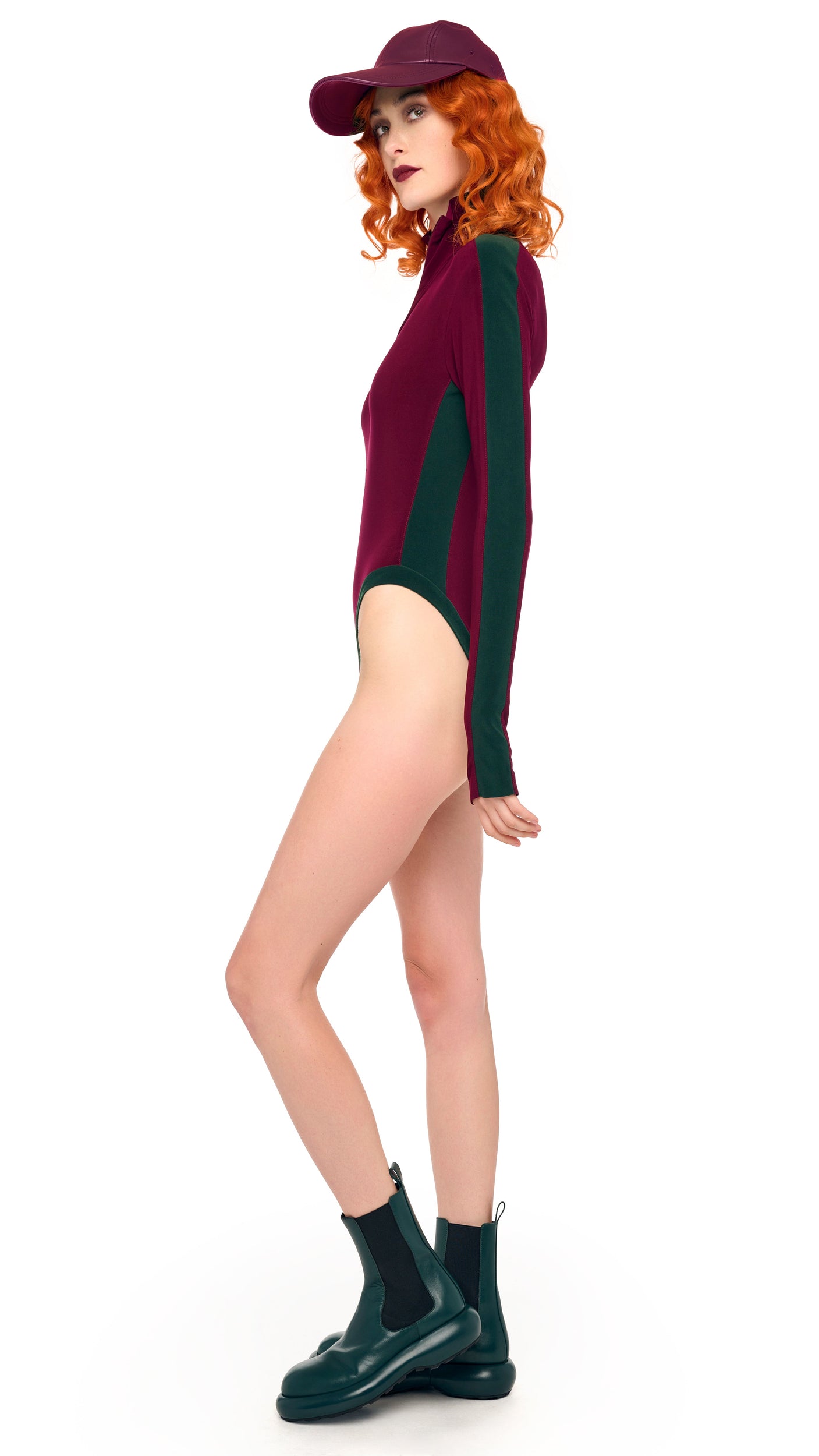 SIDE STRIPE ZIP FRONT L/S TURTLENECK BODYSUIT – Plum/Dark Emerald