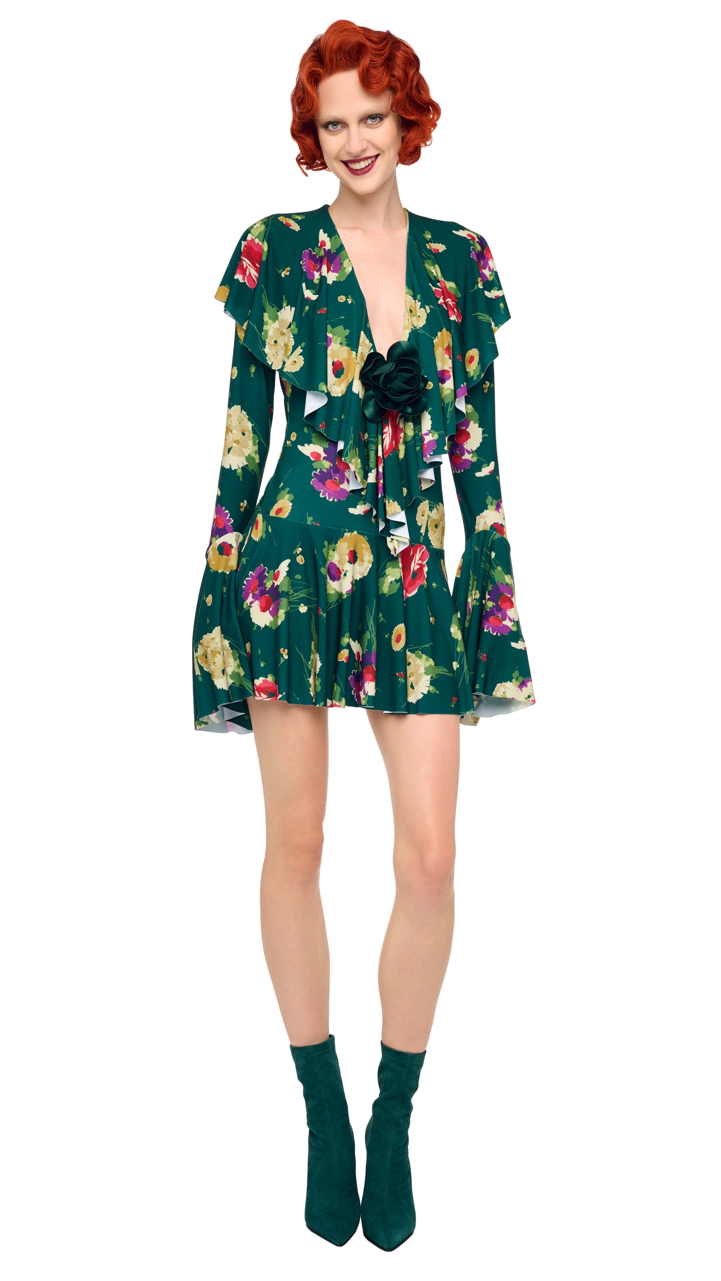Norma Kamali Long Sleeve Deep V Ruffle Mini Dress - Floral Green Multi / Size M Norma Kamali Long Sleeve Deep V Ruffle Mini Dress - Floral Green Multi / Size M
