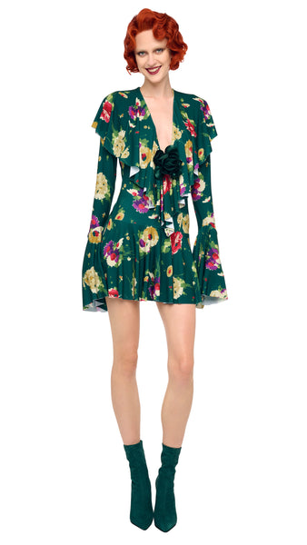 green and red floral dress Norma Kamali Long Sleeve Deep V Ruffle Mini no return will be Color:khaki cotton_dresses Jovani 00915 Long Emerald
