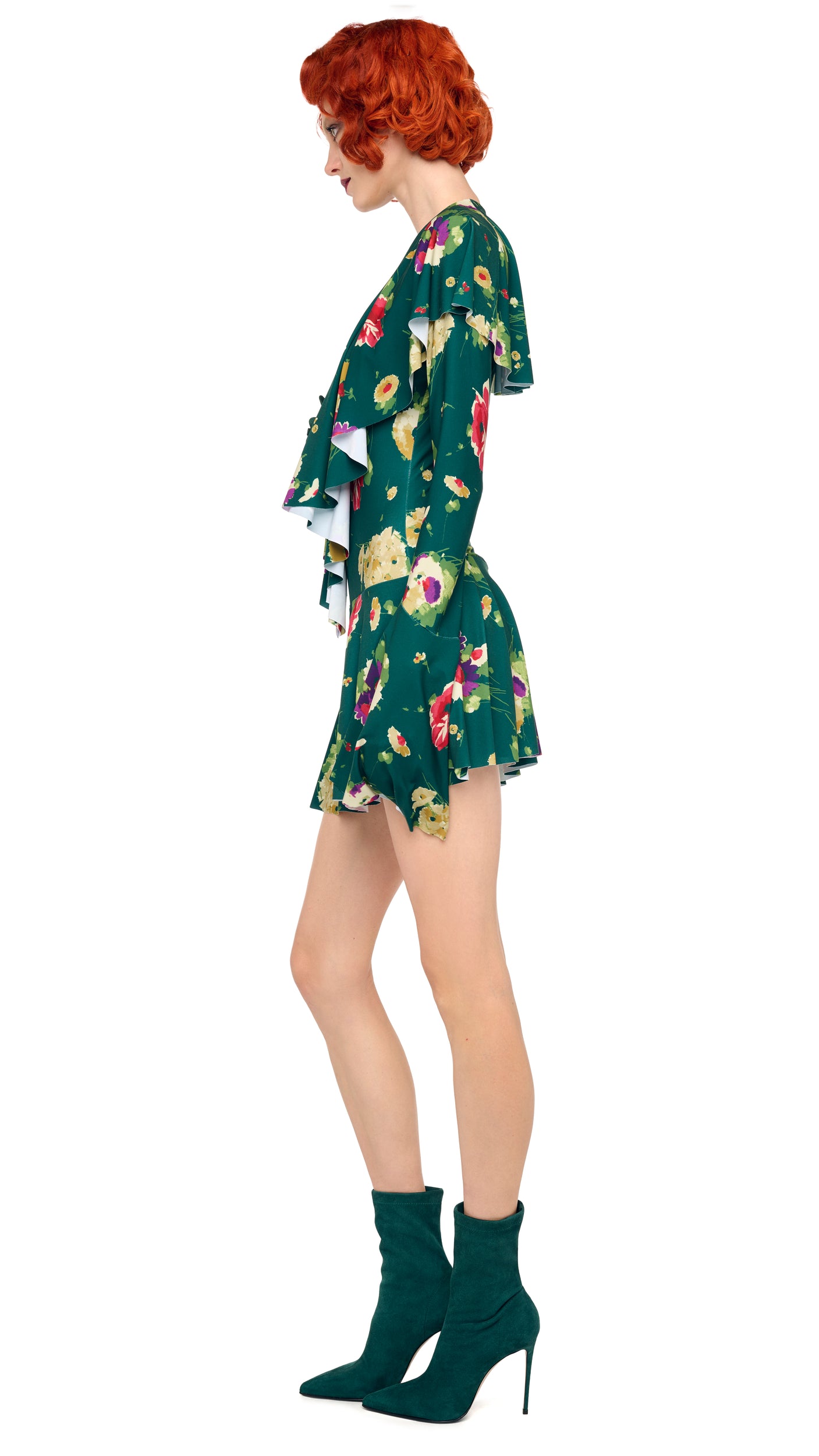 Norma Kamali Deep V Ruffle Mini Dress - Floral Green - M Norma Kamali Deep V Ruffle Mini Dress - Floral Green - M