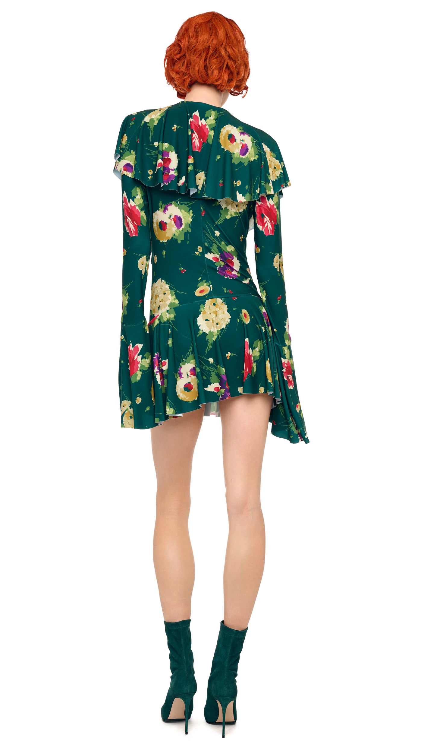 Norma Kamali Deep V Ruffle Mini Dress - Floral Green - M Norma Kamali Deep V Ruffle Mini Dress - Floral Green - M