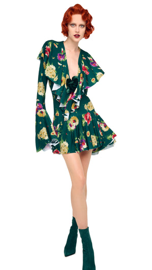 LONG SLEEVE DEEP V RUFFLE MINI DRESS #5 Thumbnail