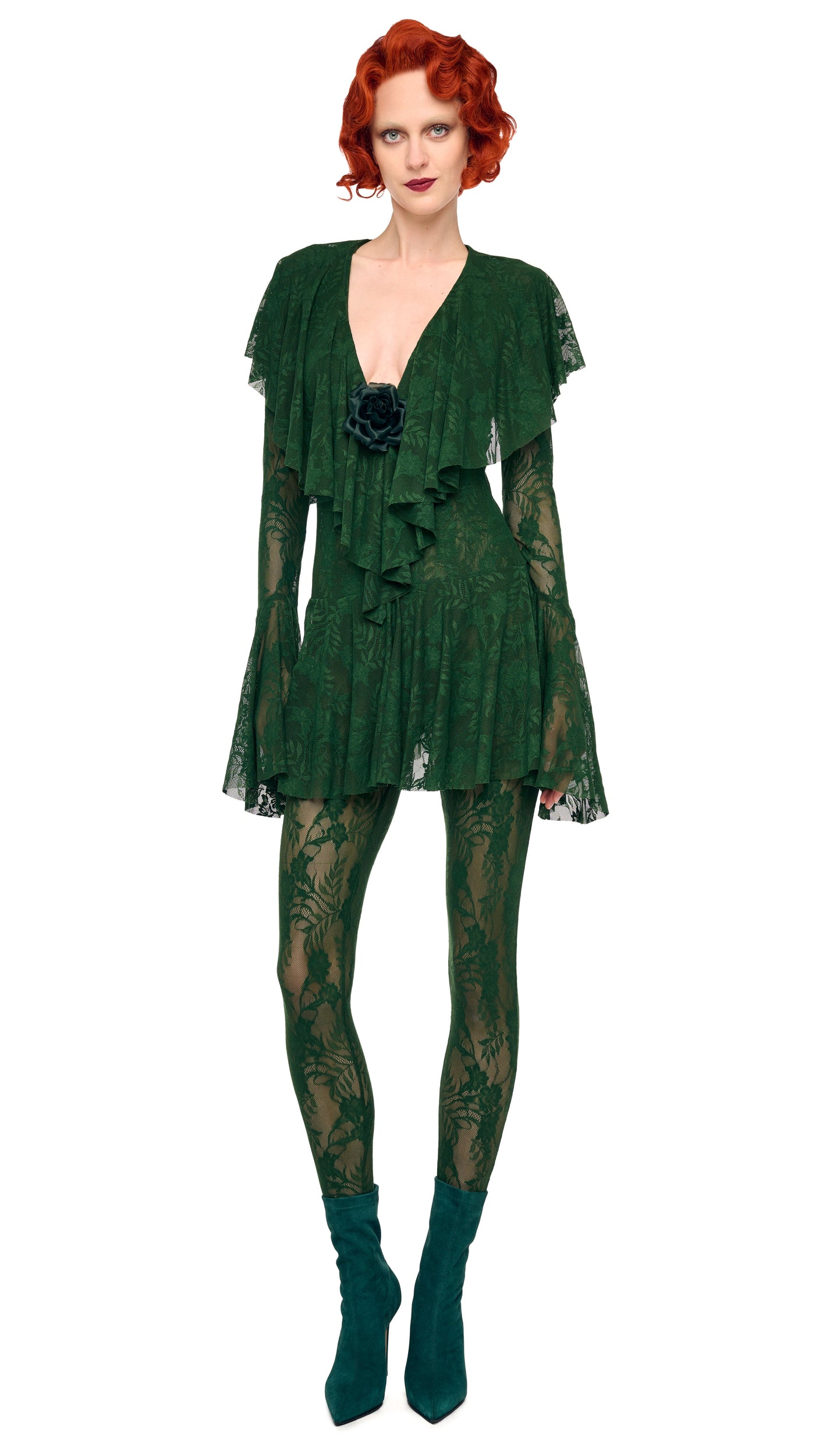 Norma Kamali Long Sleeve Deep V Ruffle Mini Dress