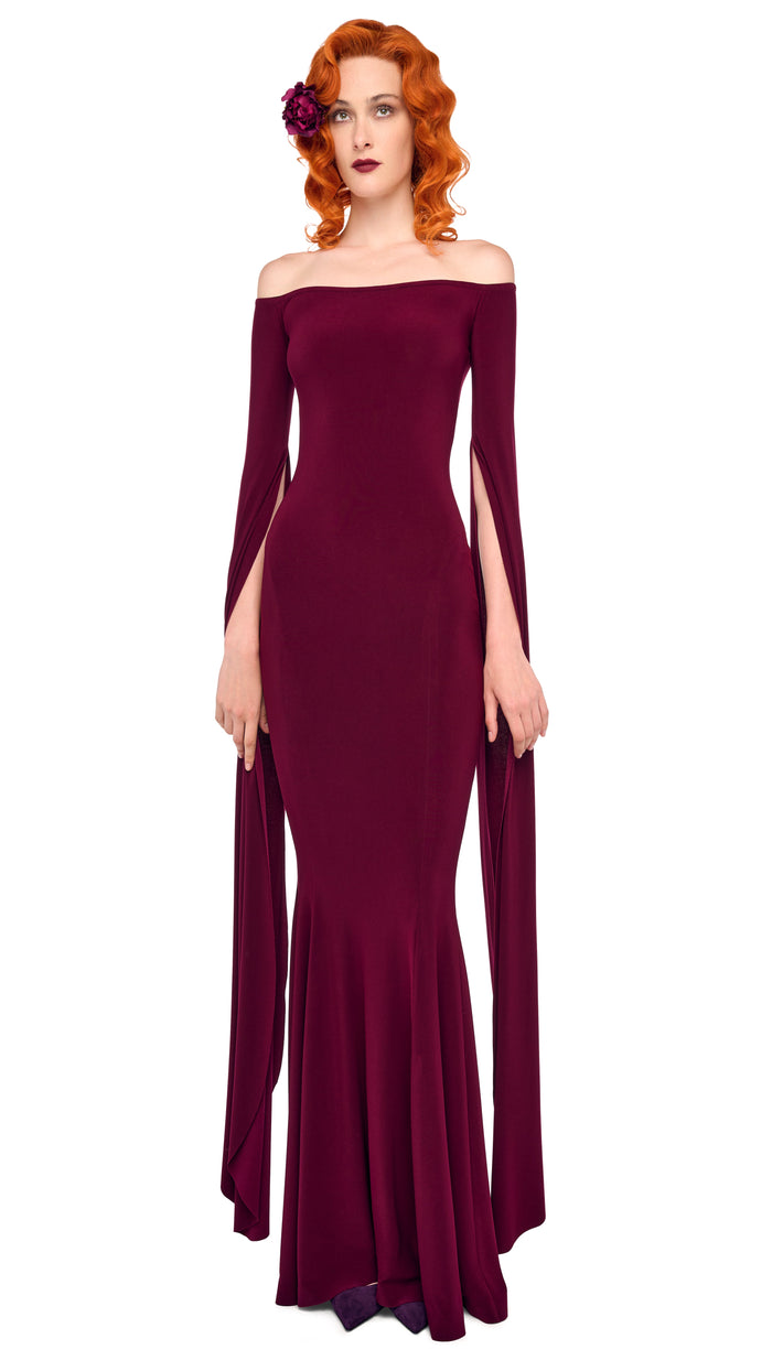 OFF SHOULDER RIBBON SLEEVE FISHTAIL GOWN #1
