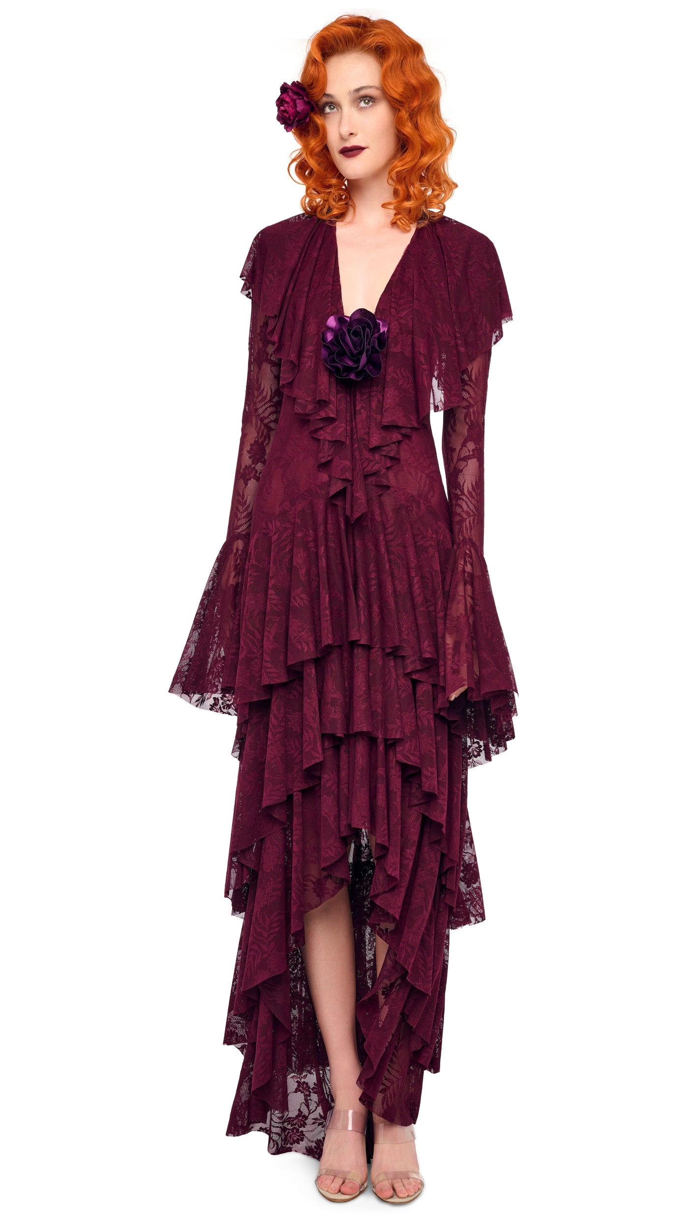 strapless open back dress HI LOW LONG SLEEVE DEEP V RUFFLE GOWN – Plum – Norma Kamali