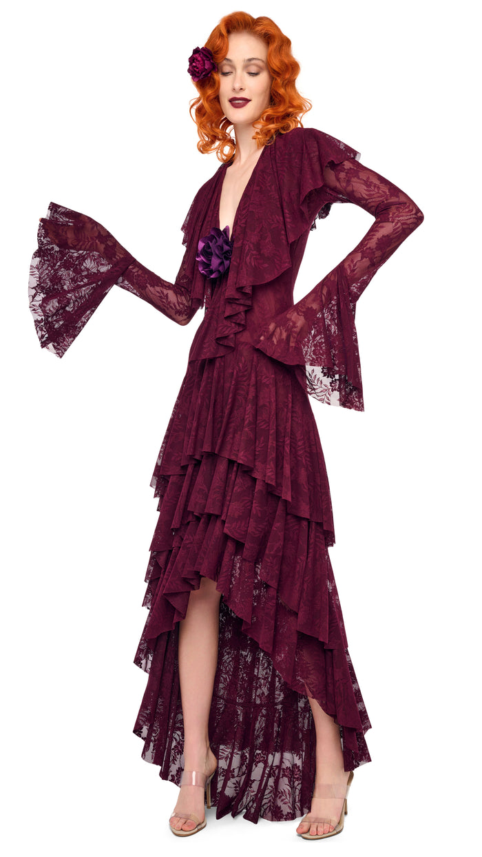HI LOW LONG SLEEVE DEEP V RUFFLE GOWN #4