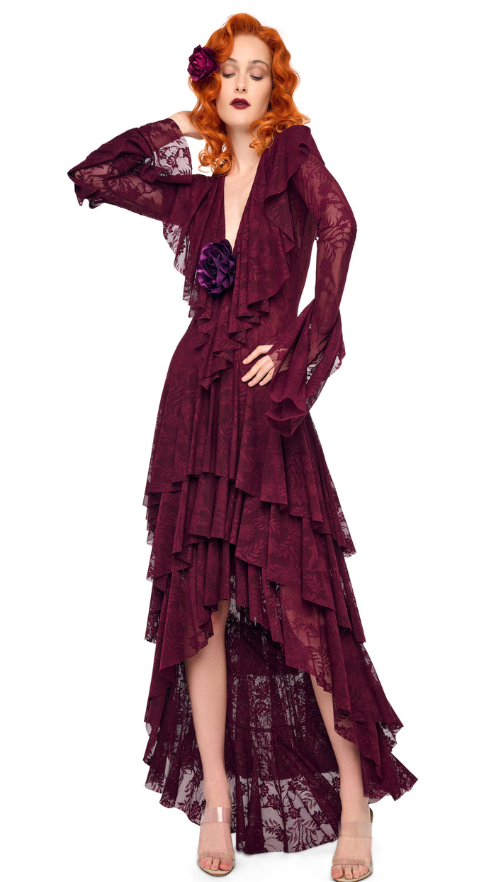 HI LOW LONG SLEEVE DEEP V RUFFLE GOWN #5