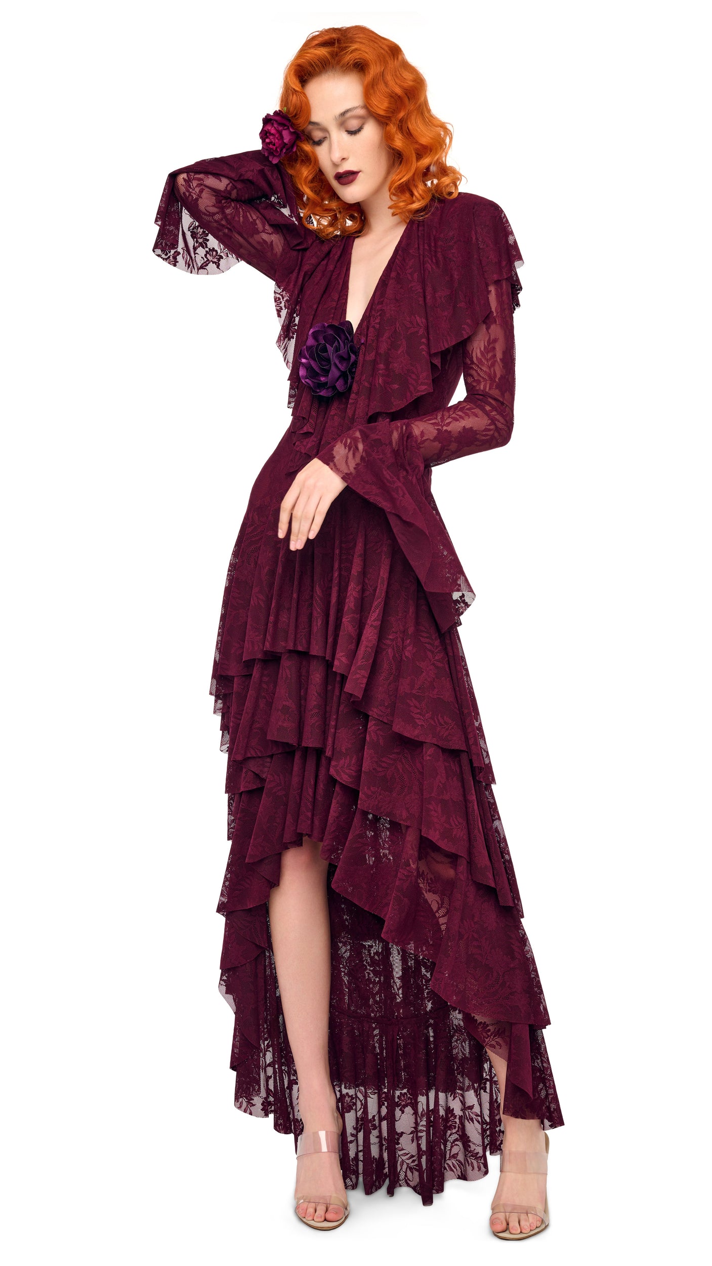 long sleeve red ruffle dress HI LOW LONG SLEEVE DEEP V RUFFLE GOWN – Plum – Norma Kamali
