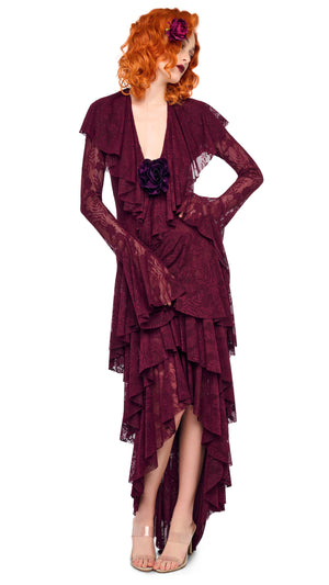 open lace back dress HI LOW LONG SLEEVE DEEP V RUFFLE GOWN – Plum – Norma Kamali