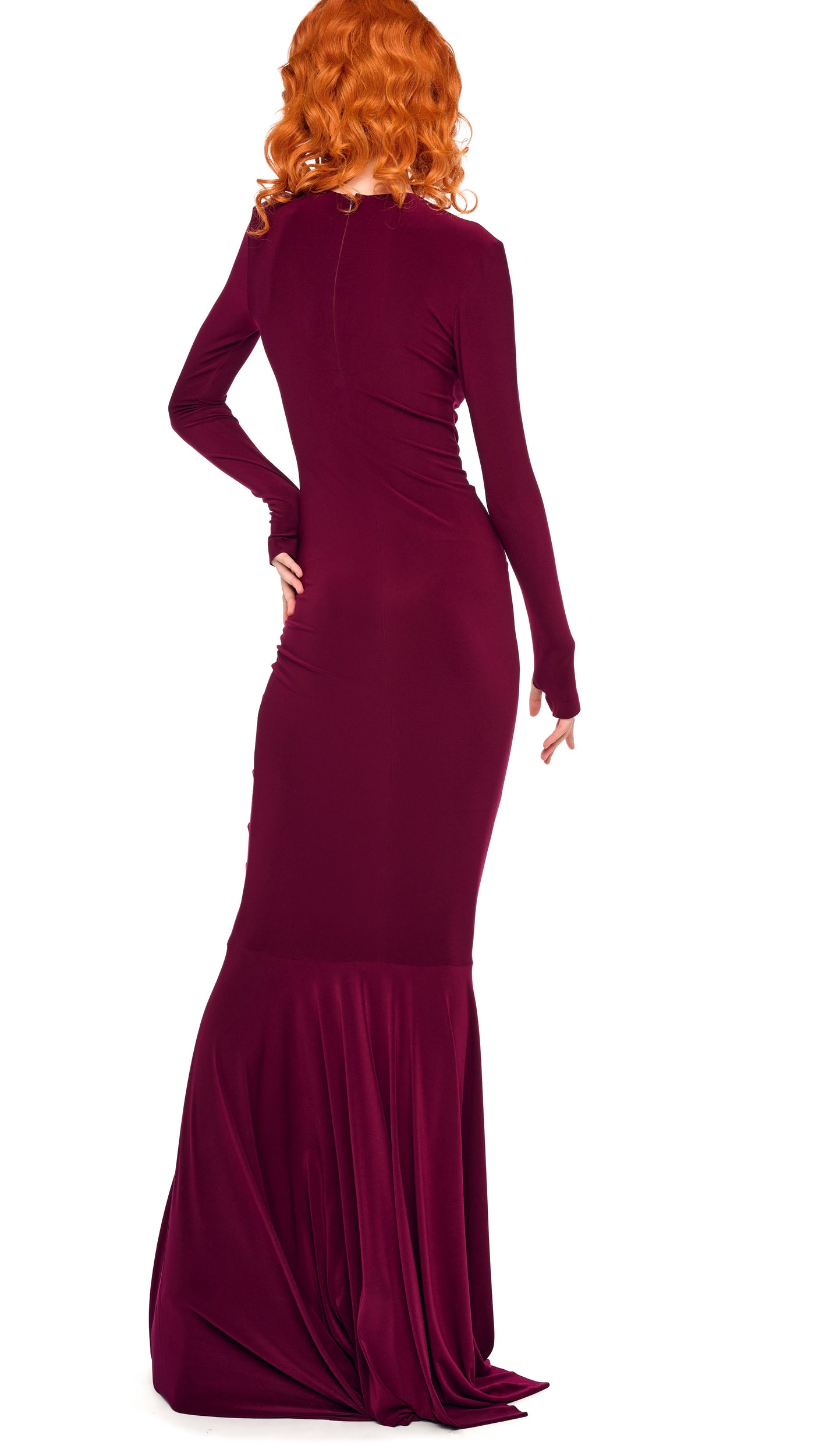 burgundy fishtail dress Burgundy Long Tail Mermaid Heavy Embellished Gold Lace Formal Dress main image 0