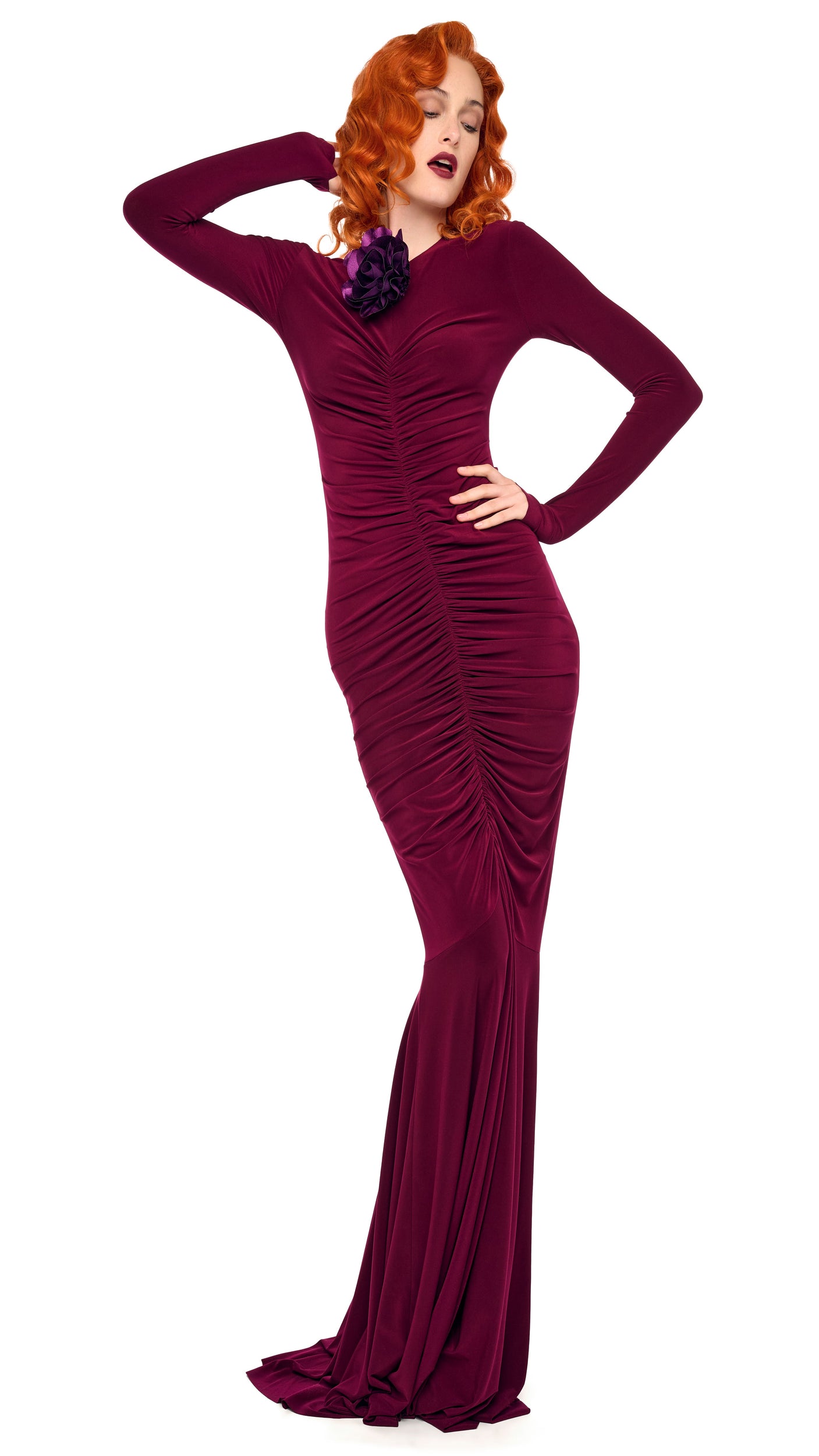 norma kamali long-sleeve v-neck shirred-front sequin fishtail maxi dress Norma Kamali Shirred Front Fishtail Gown