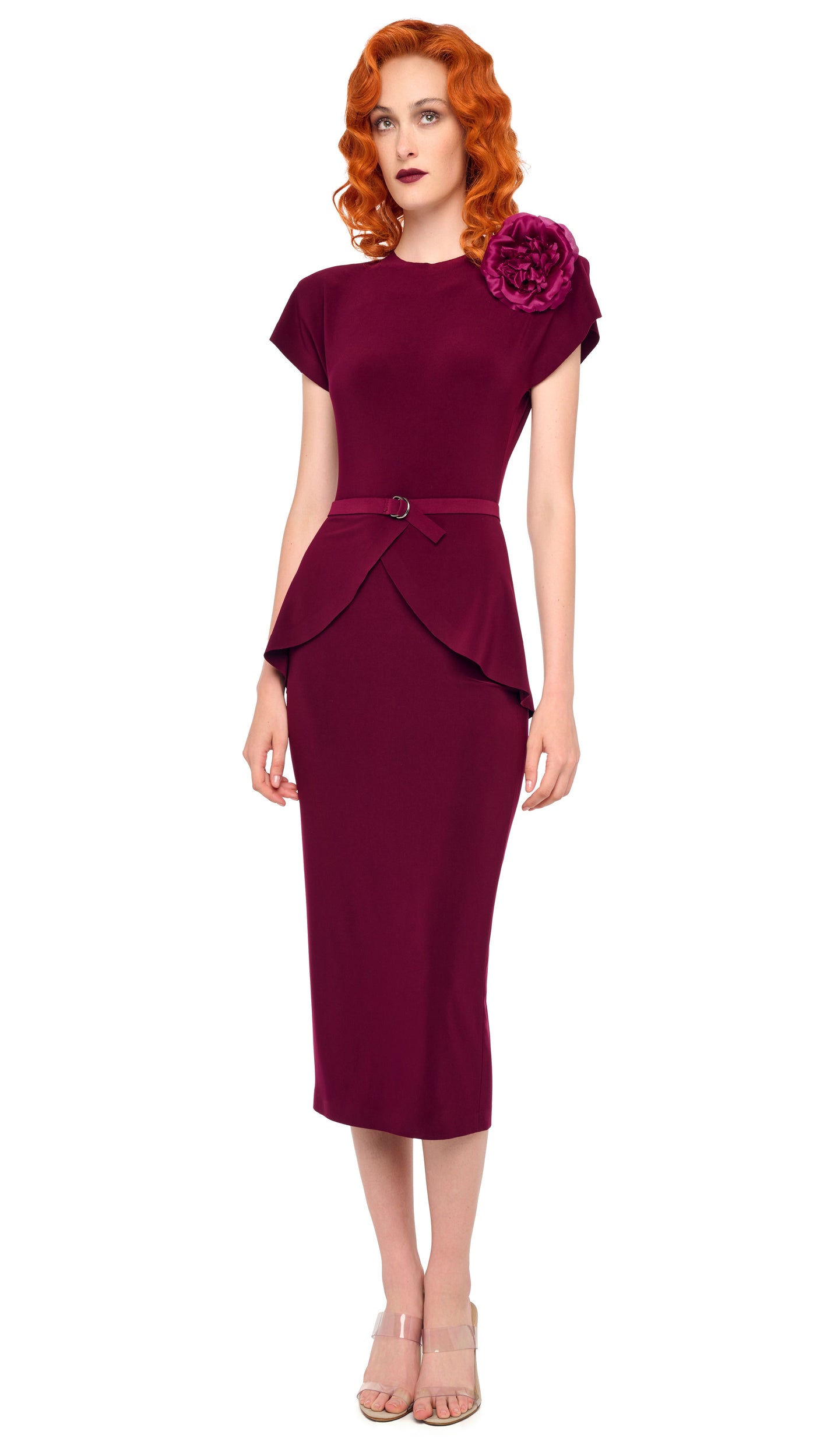 CAP SLEEVE SHOULDER PAD PEPLUM DRESS – Plum – Norma Kamali