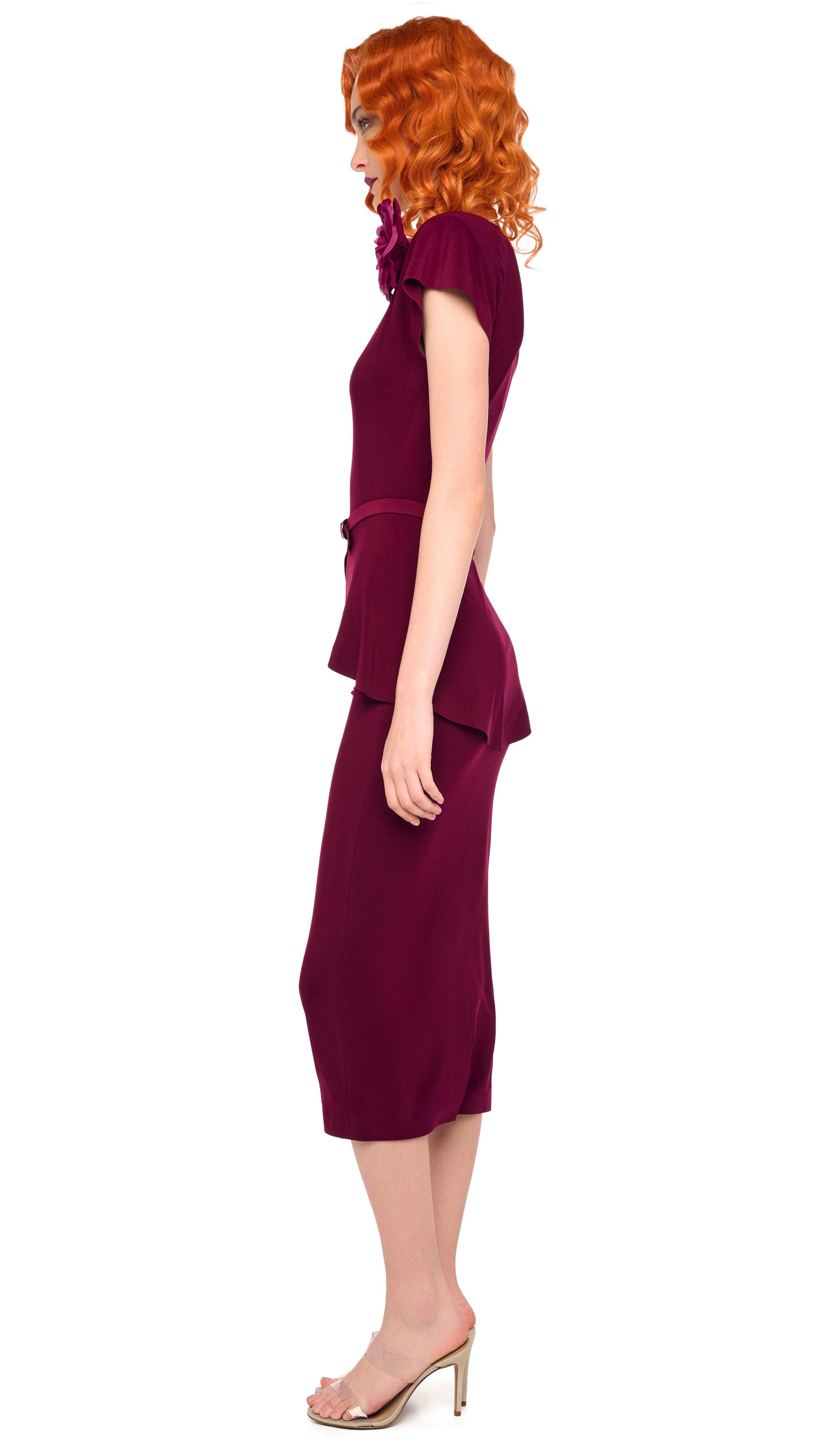 CAP SLEEVE SHOULDER PAD PEPLUM DRESS – Plum – Norma Kamali