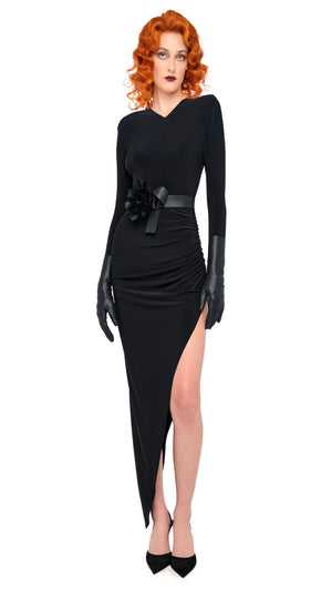 LS SHOULDER PAD V NECK SIDE DRAPE GOWN #1 Thumbnail