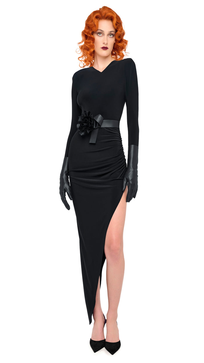 LS SHOULDER PAD V NECK SIDE DRAPE GOWN #1