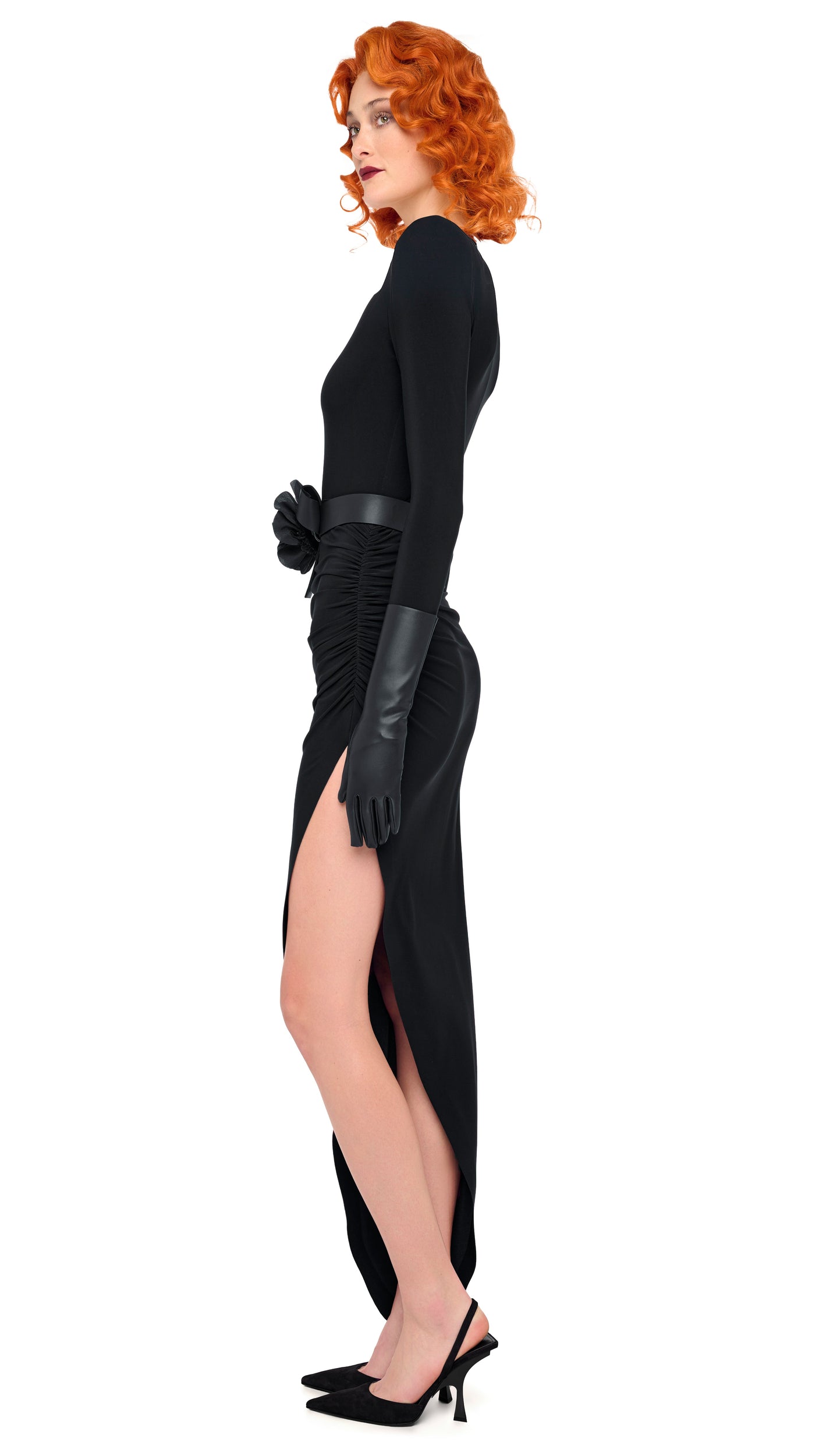 Norma Kamali LS Shoulder Pad V Neck Side Drape Gown