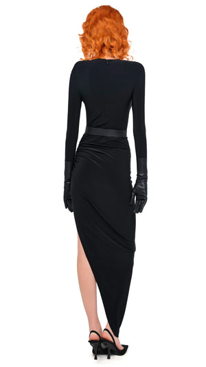 LS SHOULDER PAD V NECK SIDE DRAPE GOWN #3 Thumbnail
