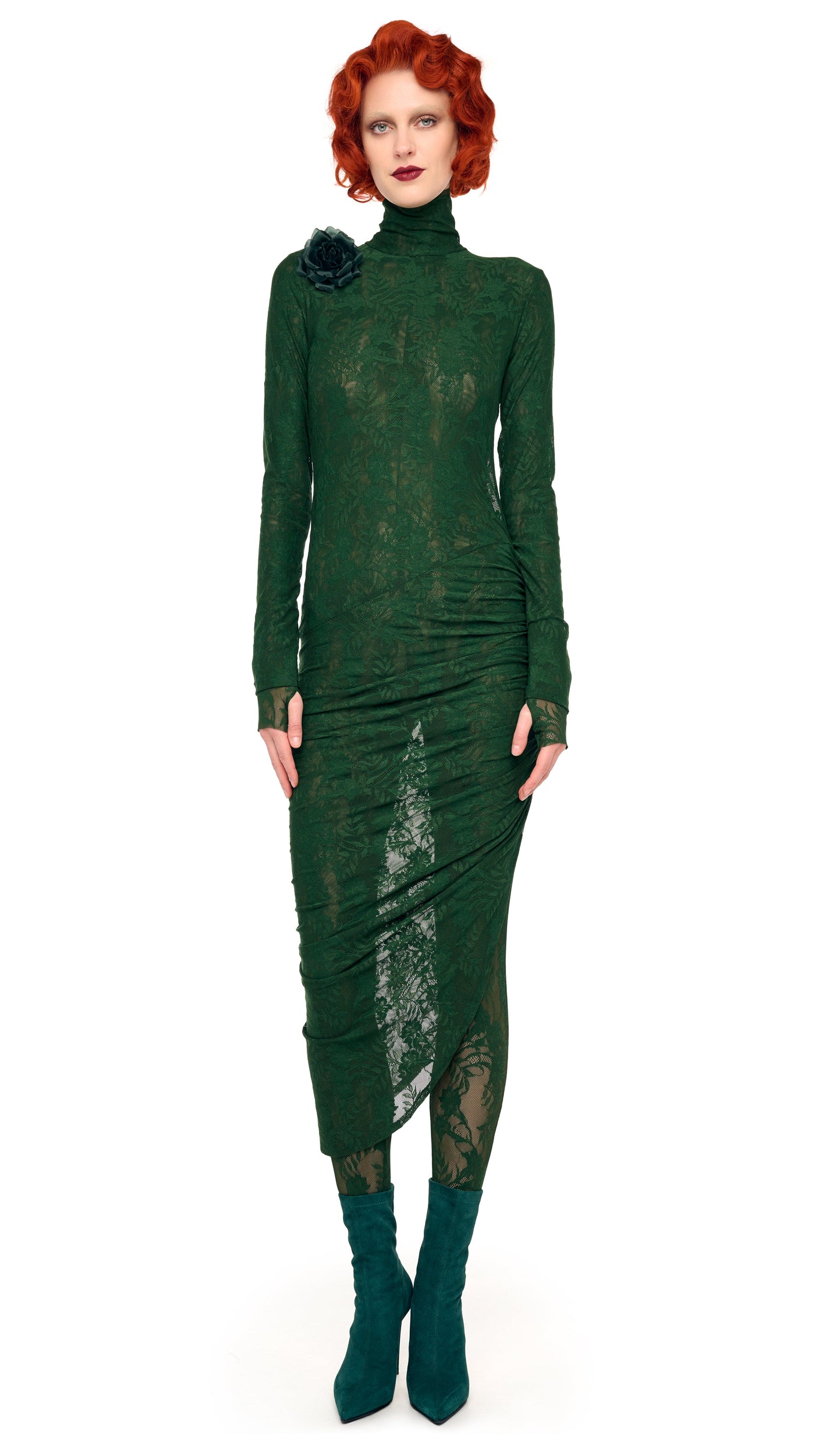 TURTLENECK SIDE DRAPE DRESS Dark Emerald Norma Kamali TURTLENECK SIDE DRAPE DRESS Dark Emerald Norma Kamali