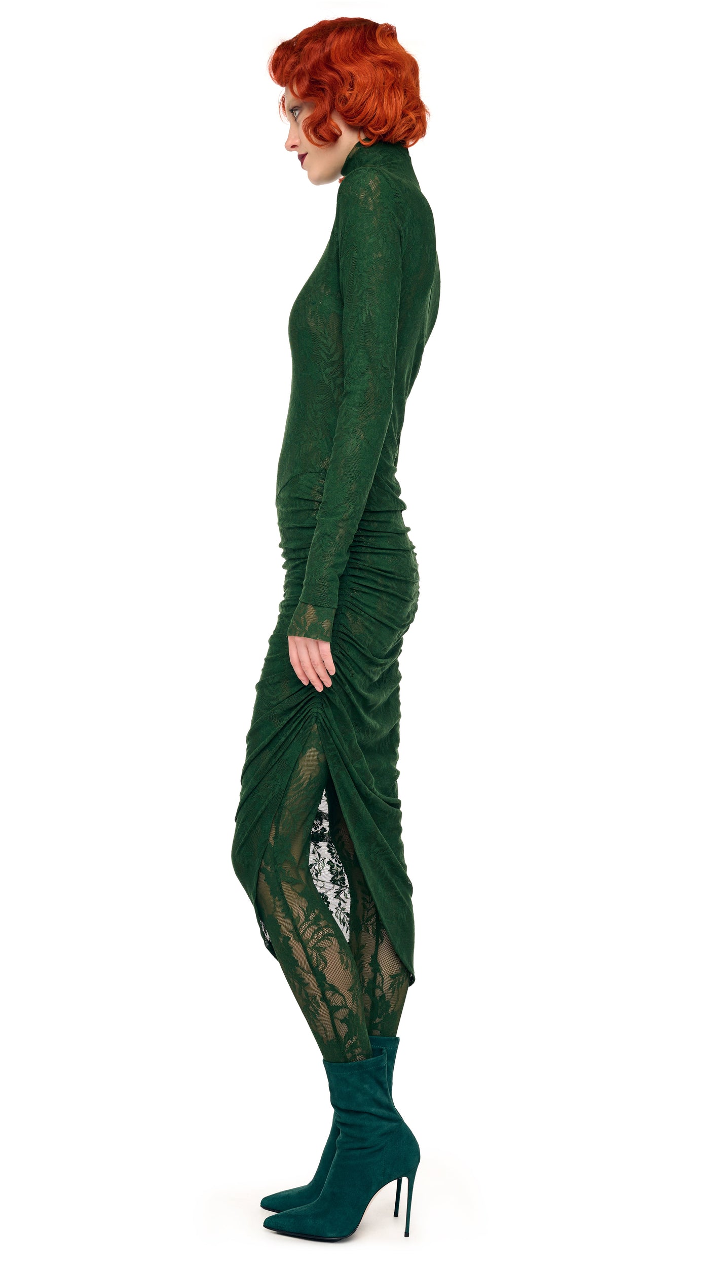 Norma Kamali Turtleneck Side Drape Dress - Dark Emerald / Size M Norma Kamali Turtleneck Side Drape Dress - Dark Emerald / Size M