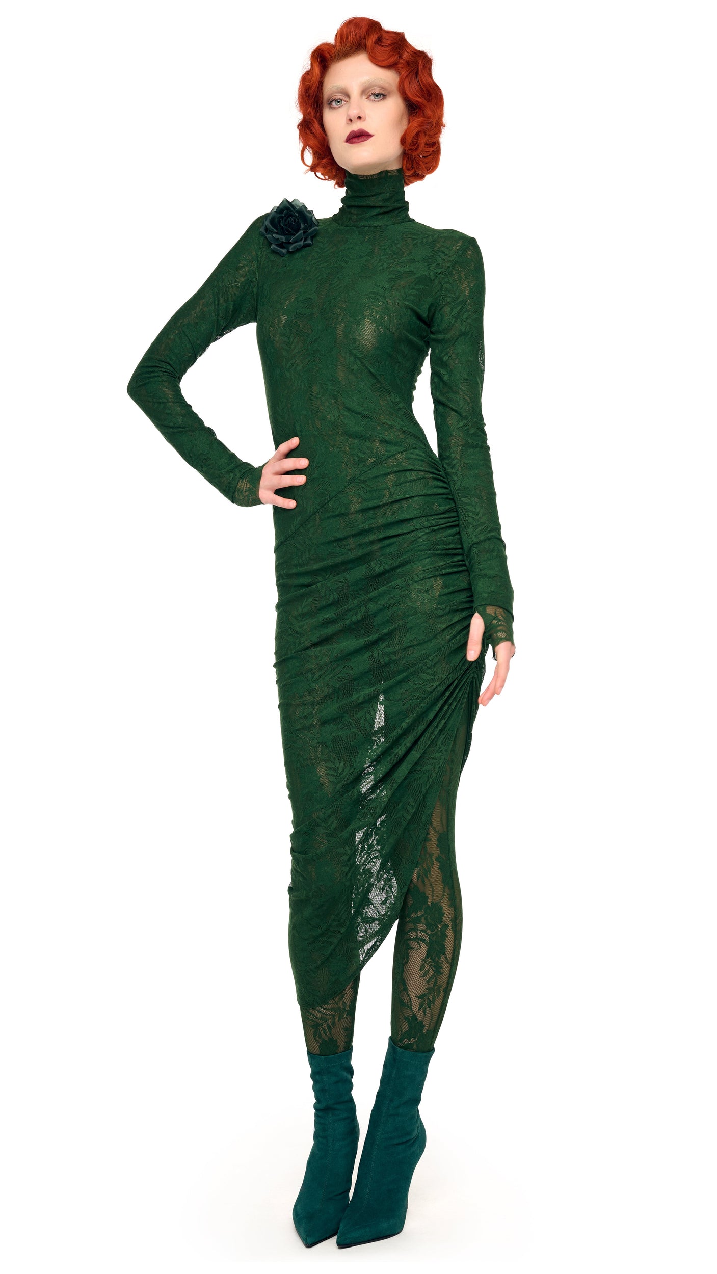 TURTLENECK SIDE DRAPE DRESS Dark Emerald Norma Kamali TURTLENECK SIDE DRAPE DRESS Dark Emerald Norma Kamali