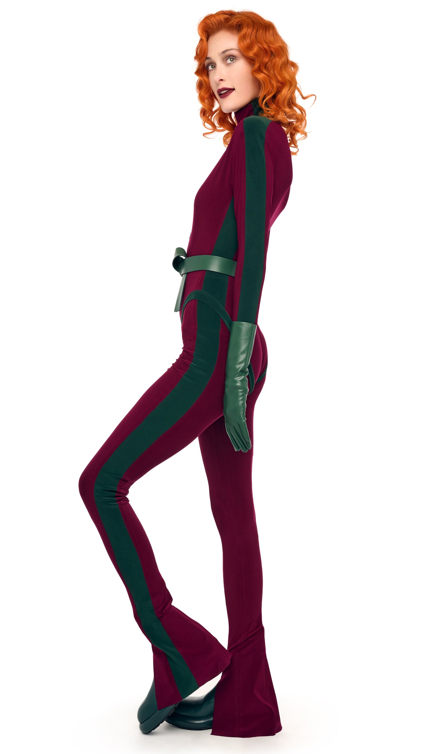 SIDE STRIPE ZIP FRONT L/S TURTLENECK BODYSUIT – Plum/Dark Emerald