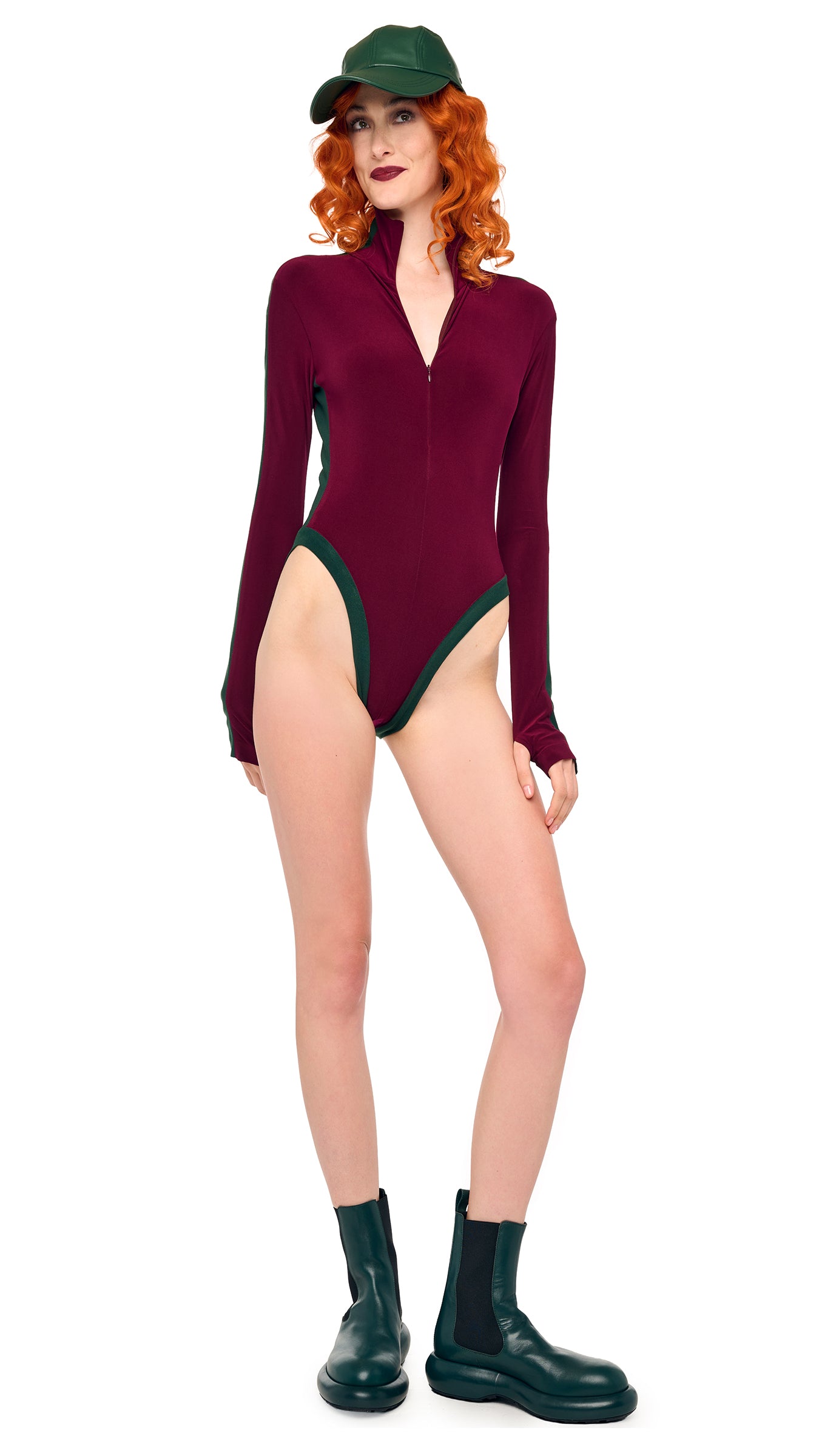 SIDE STRIPE ZIP FRONT L/S TURTLENECK BODYSUIT – Plum/Dark Emerald