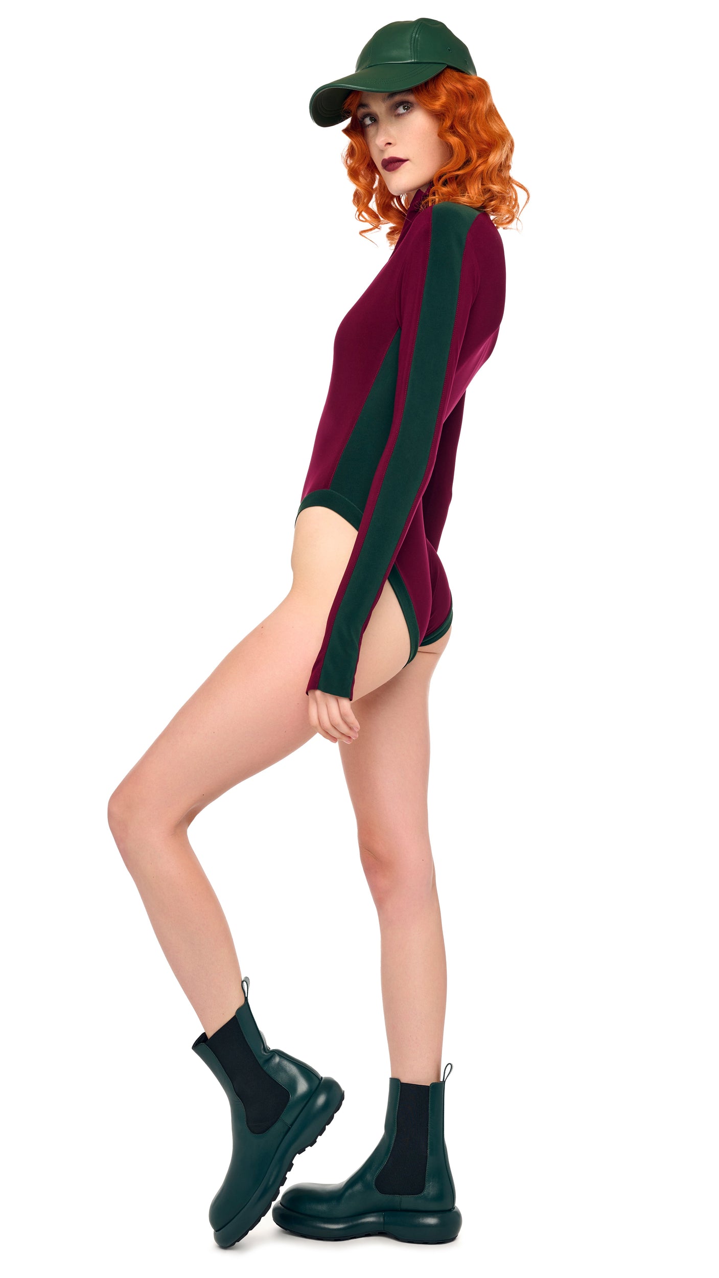 SIDE STRIPE ZIP FRONT L/S TURTLENECK BODYSUIT – Plum/Dark Emerald