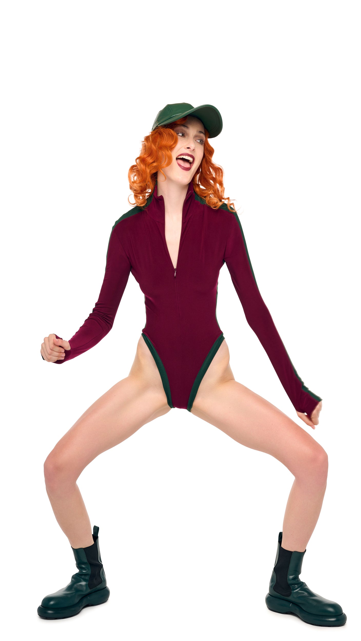 SIDE STRIPE ZIP FRONT L/S TURTLENECK BODYSUIT – Plum/Dark Emerald