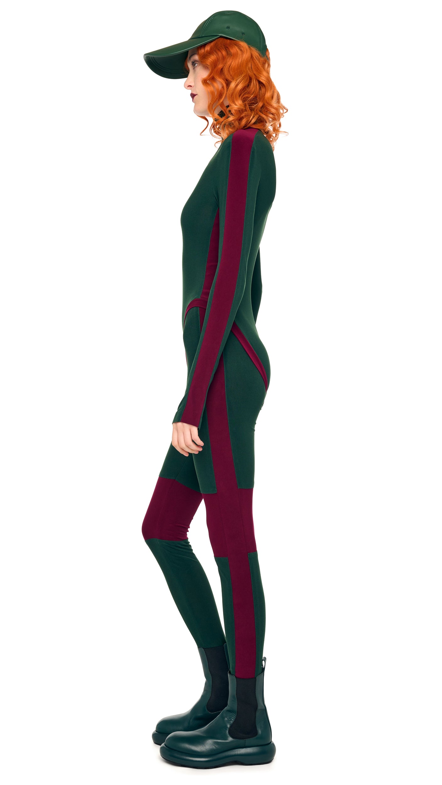 SIDE STRIPE ZIP FRONT L/S TURTLENECK BODYSUIT – Dark Emerald/Plum