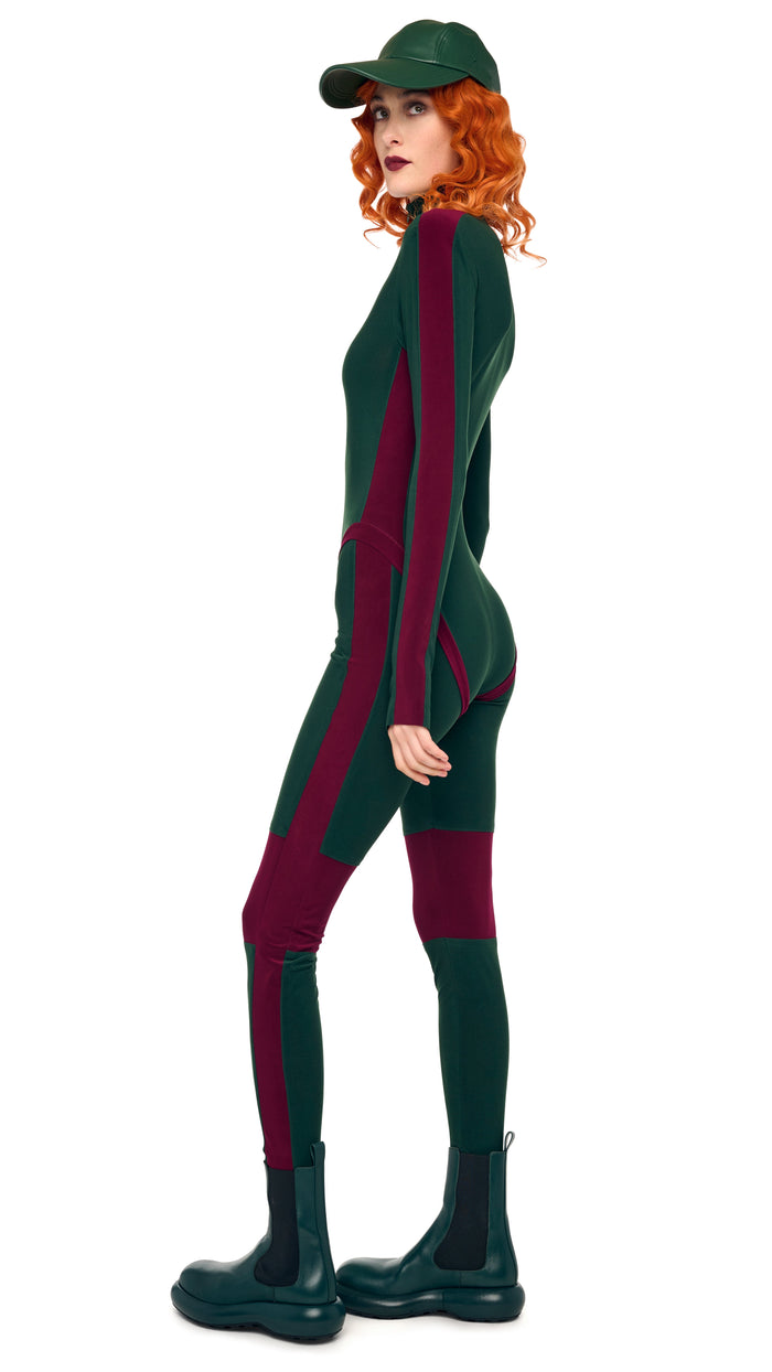 SIDE STRIPE ZIP FRONT L/S TURTLENECK BODYSUIT – Dark Emerald/Plum