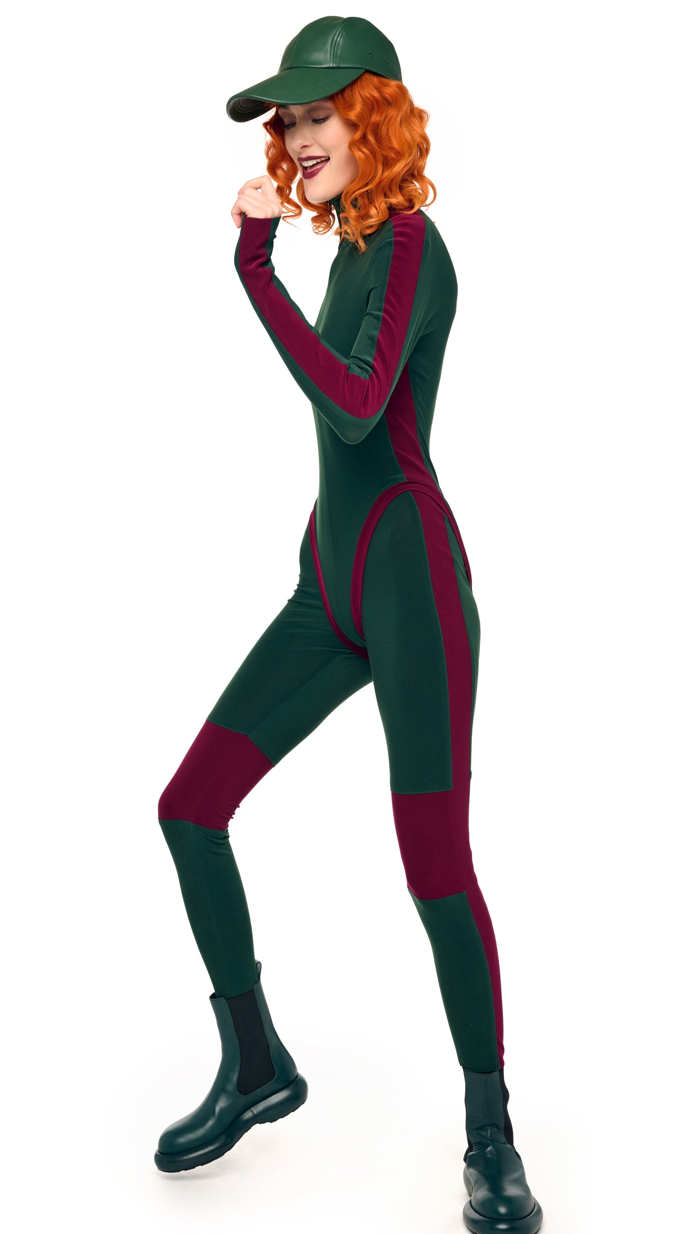 SIDE STRIPE ZIP FRONT L/S TURTLENECK BODYSUIT – Dark Emerald/Plum