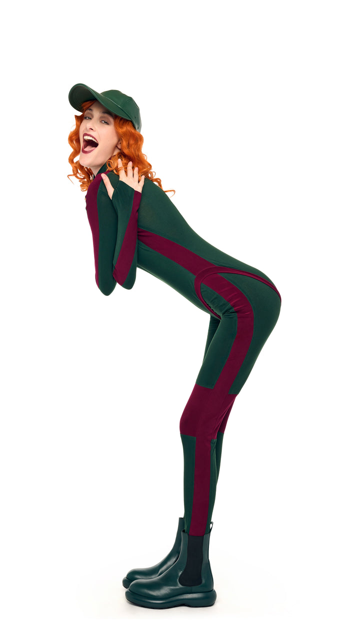 SIDE STRIPE ZIP FRONT L/S TURTLENECK BODYSUIT – Dark Emerald/Plum
