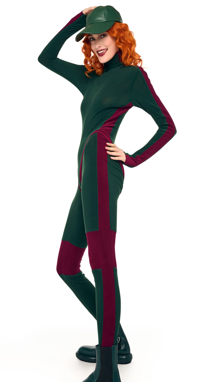 SIDE STRIPE ZIP FRONT L/S TURTLENECK BODYSUIT – Dark Emerald/Plum