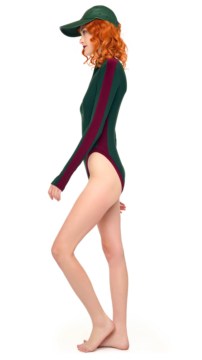 SIDE STRIPE ZIP FRONT L/S TURTLENECK BODYSUIT – Dark Emerald/Plum