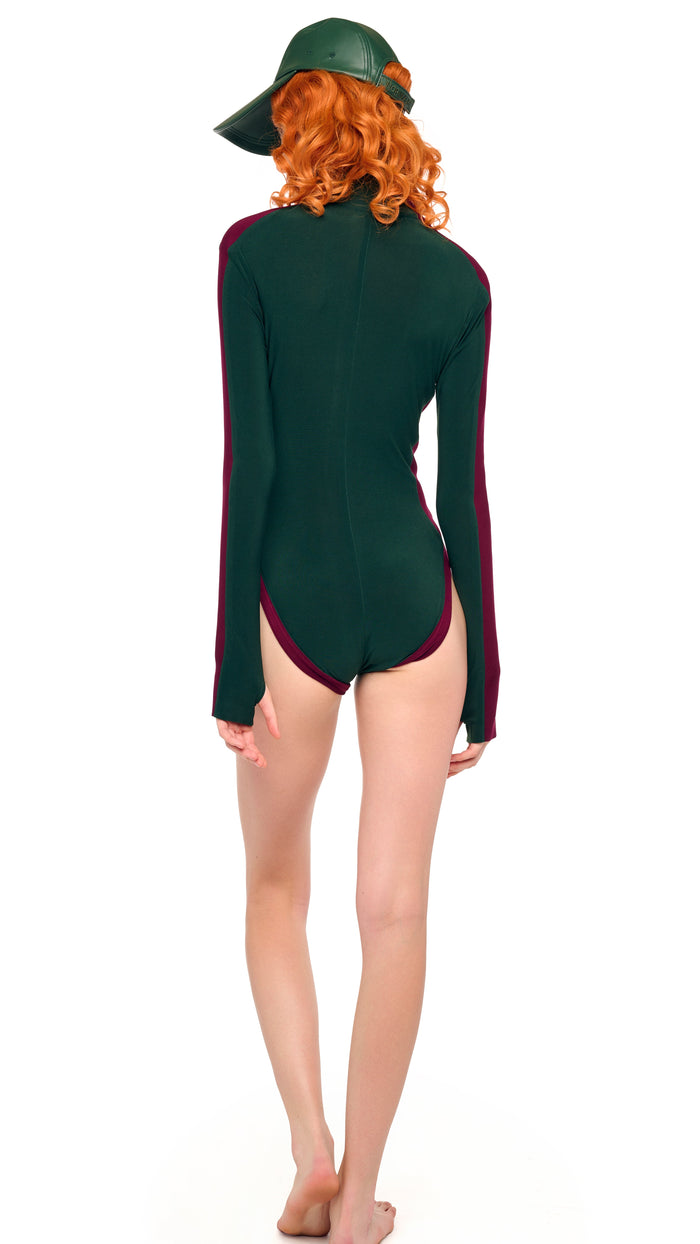 NEEDLES×TW Side Cut Rib Bodysuit 亘つぐみ SIDE STRIPE ZIP FRONT L/S TURTLENECK BODYSUIT – Dark Emerald/Plum